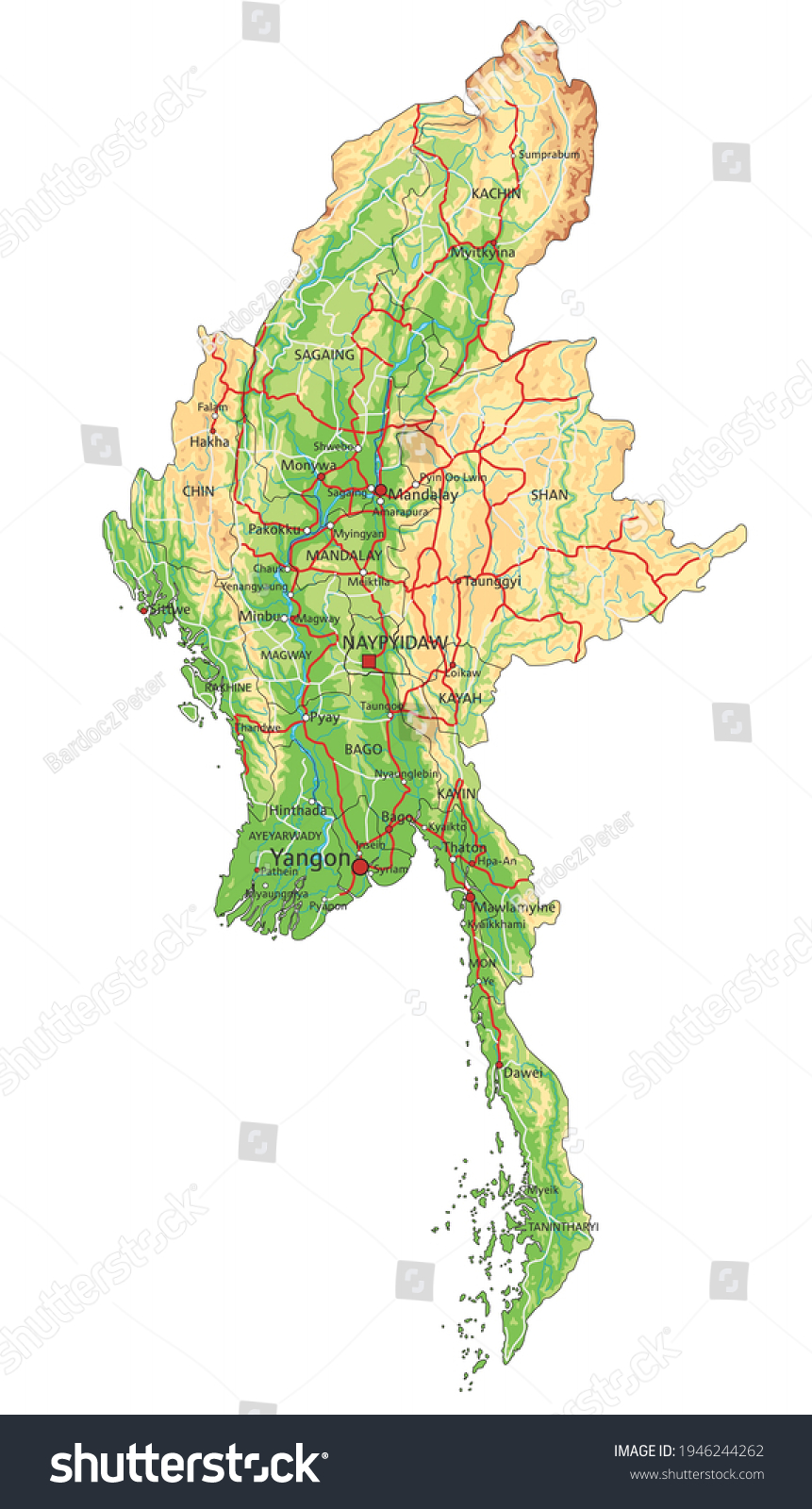 Highly Detailed Myanmar Physical Map Labeling Stock Vector (Royalty ...