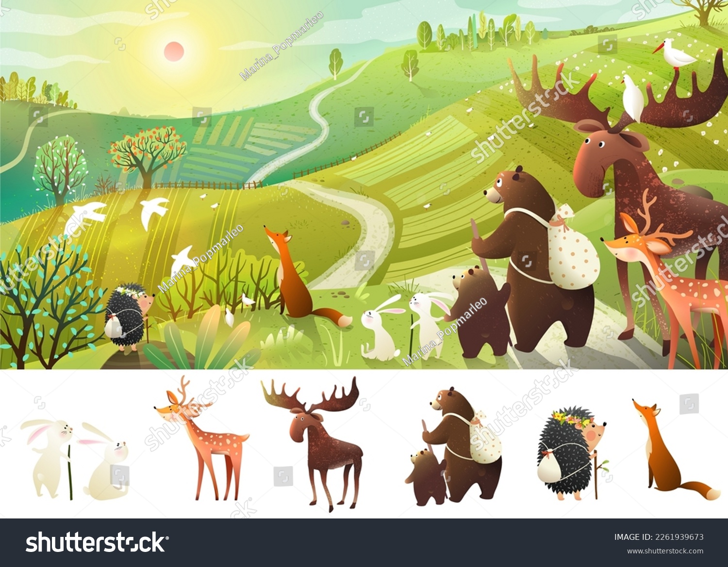 SVG of Hiking animals adventures and road trip in country landscape. Bear, moose backpack hiking tale in wild nature scenery. Animals in nature wallpaper. Hand drawn vector illustration in watercolor style. svg