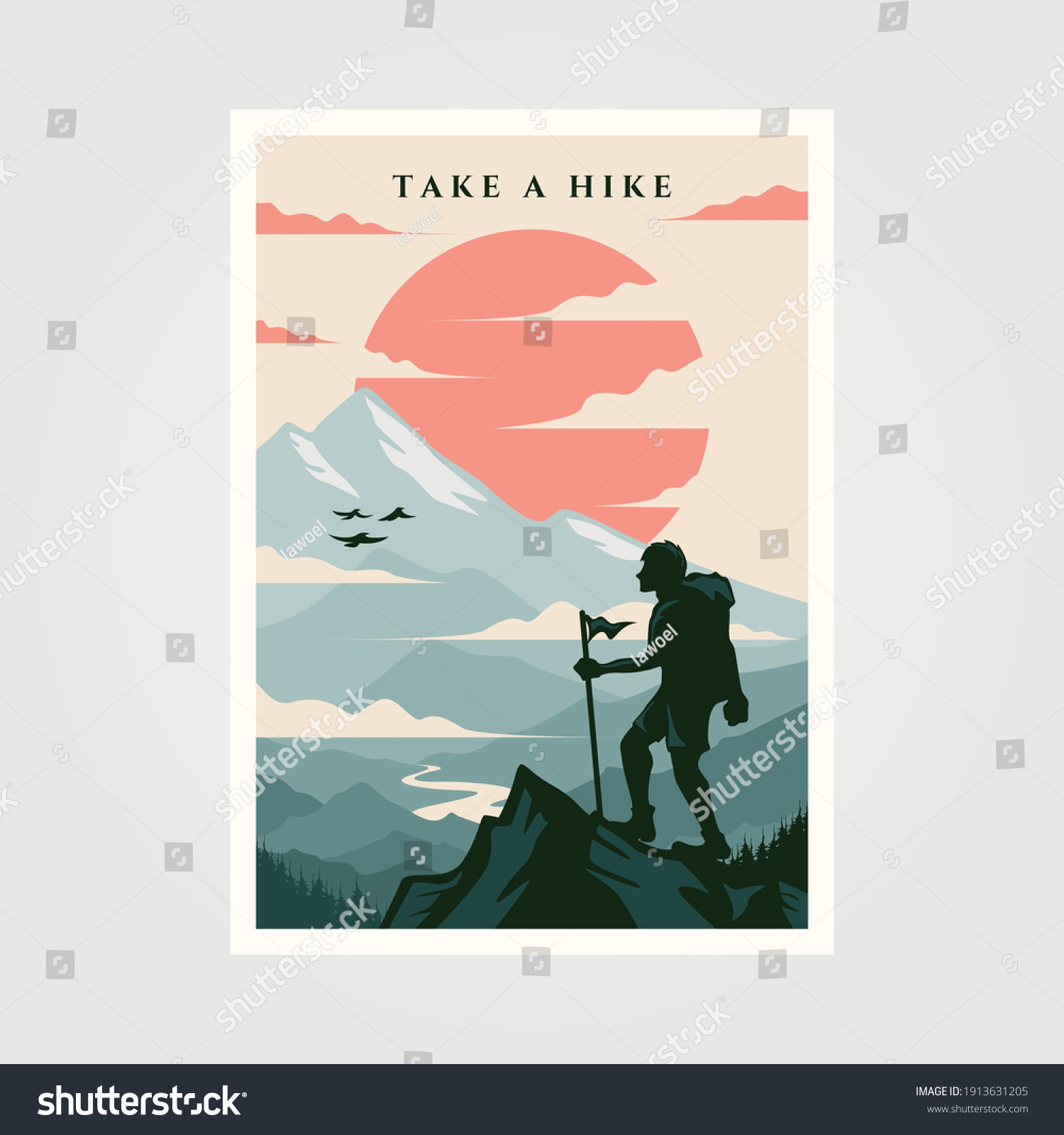 Hiking Poster Vintage Background Illustration Design Stock Vector ...