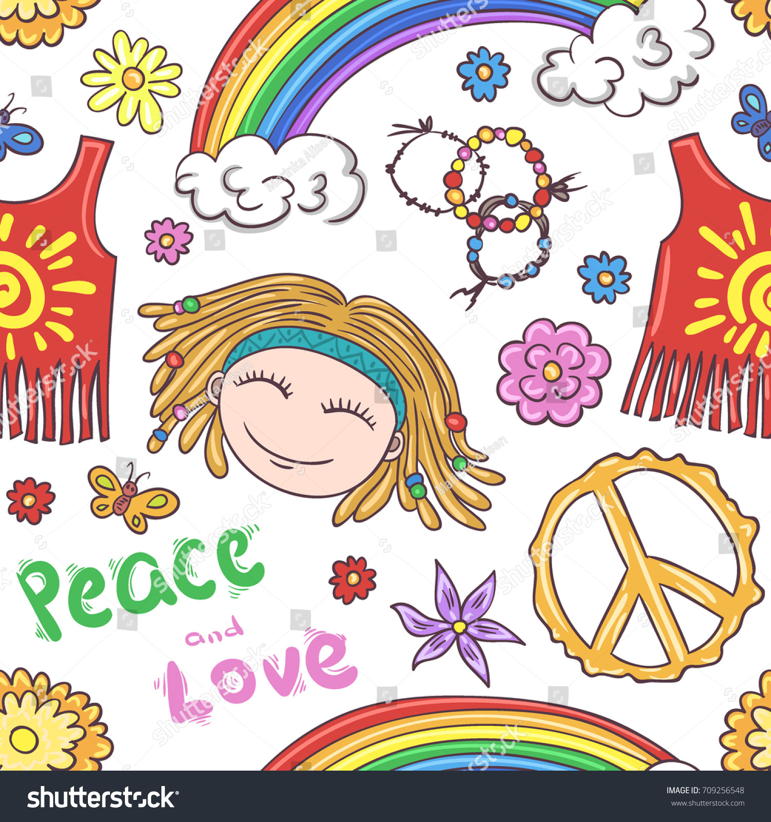 Hippie Rainbow Seamless Pattern Hand Drawn Stock Vector (2018 - 1500x1600 - jpeg 70s Signs