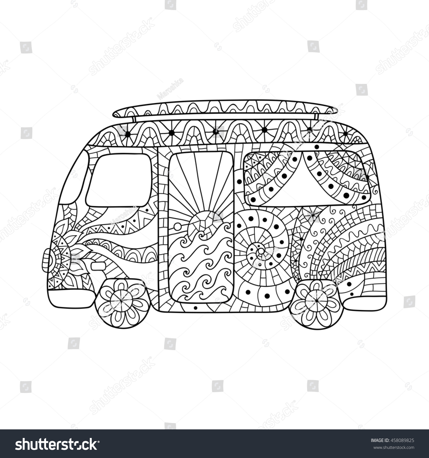 Hippie Vintage Car Mini Van Zentangle Stock Vector Royalty