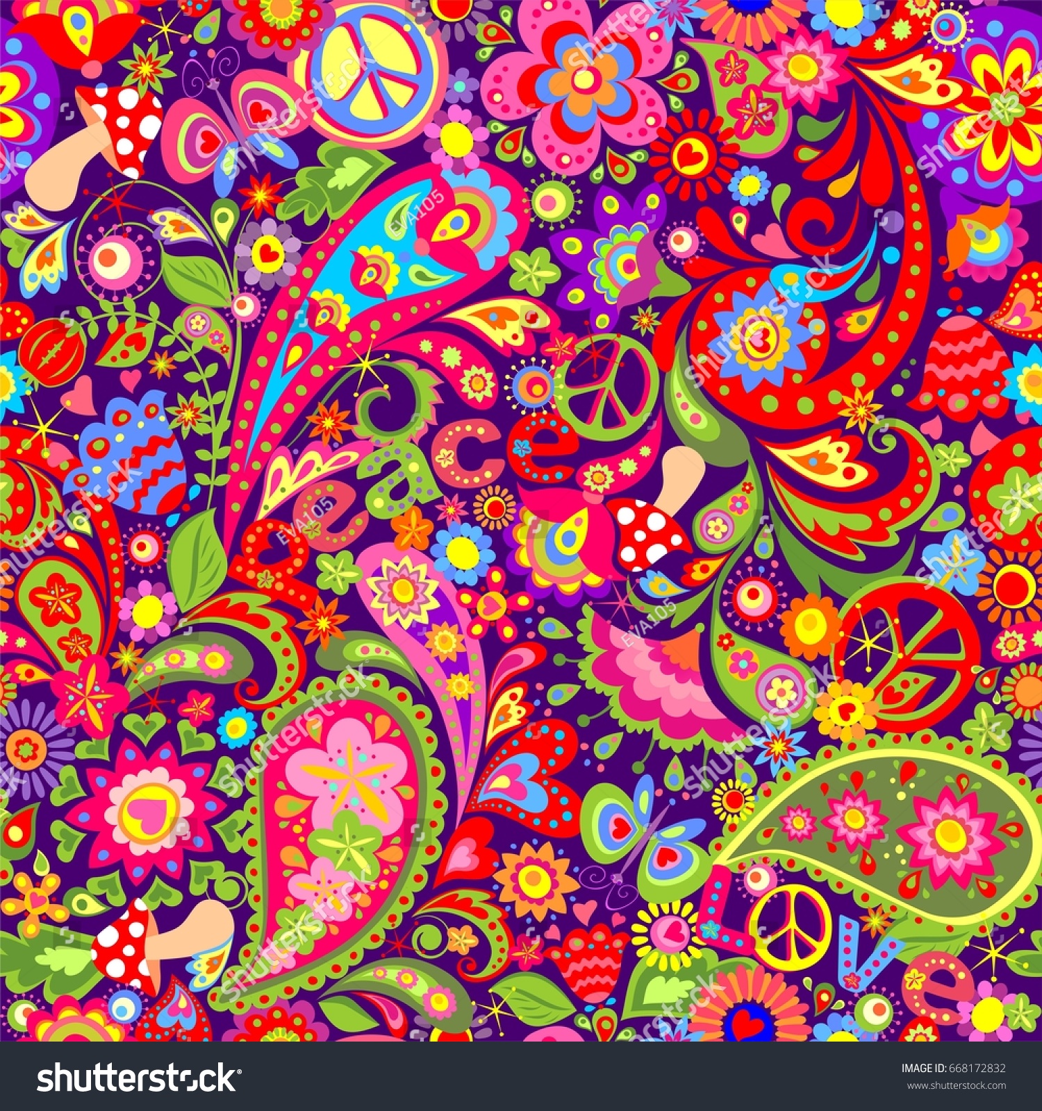 ヒッピーの鮮やかな壁紙と抽象的なカラフルな花 ヒッピーの平和シンボル キノコ ペイスリー のベクター画像素材 ロイヤリティフリー