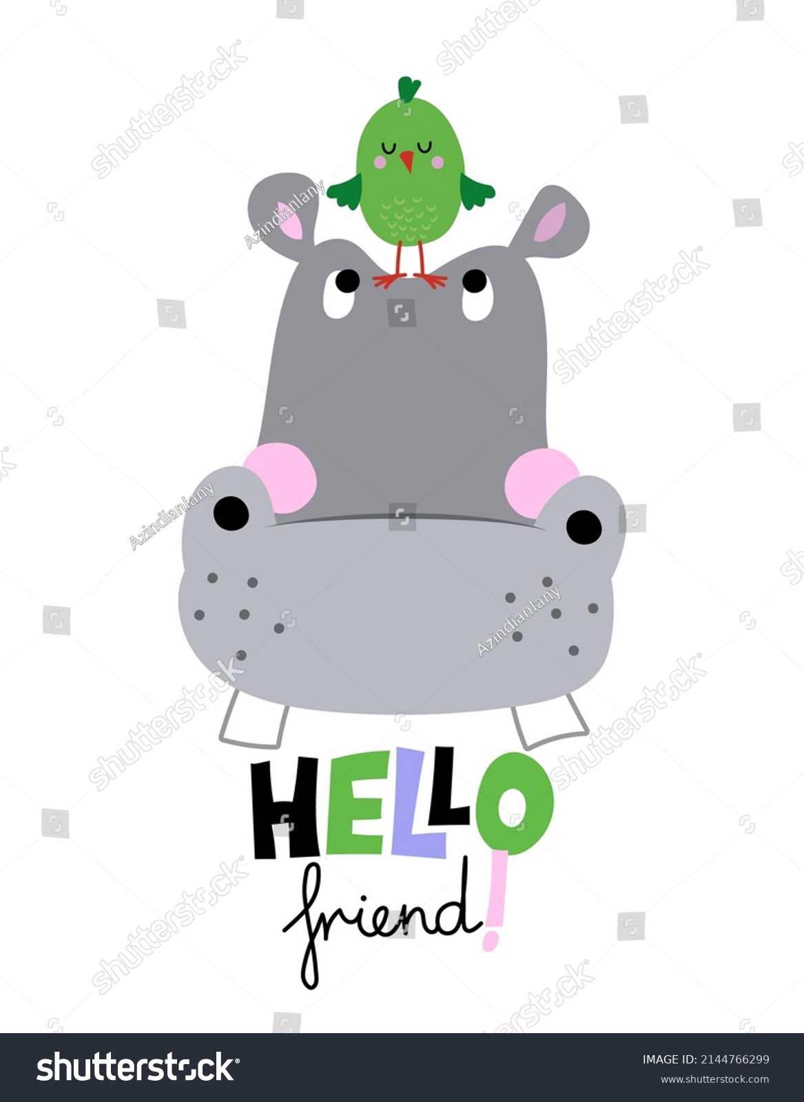 SVG of Hippopotamus with cute green bird - cute hippo horse decoration. Little hippo  poster for nursery room, greeting cards, kids and baby clothes. Isolated vector. svg