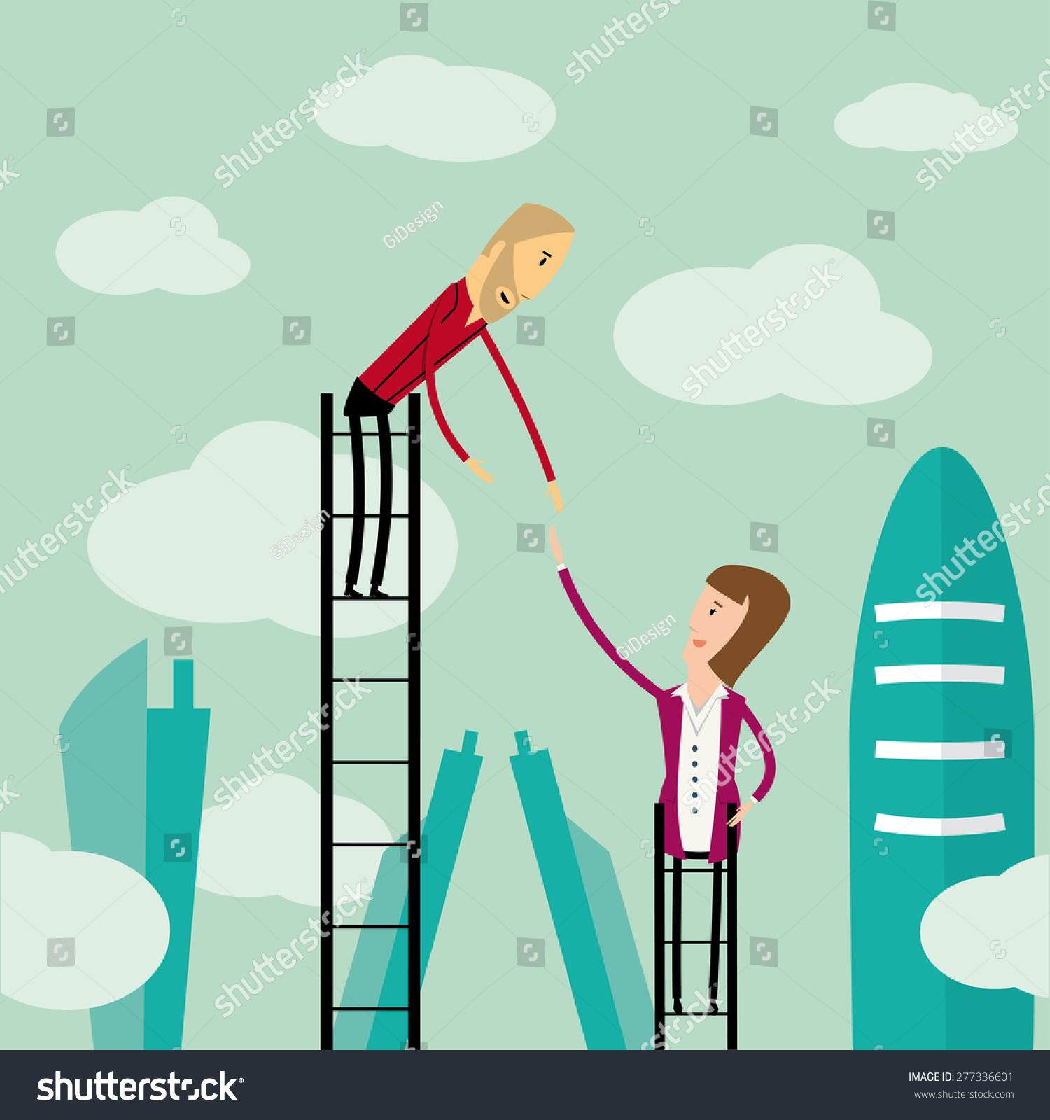 Hipster Businessman Helping Woman To Climb Up A Ladder Stock Vector ...