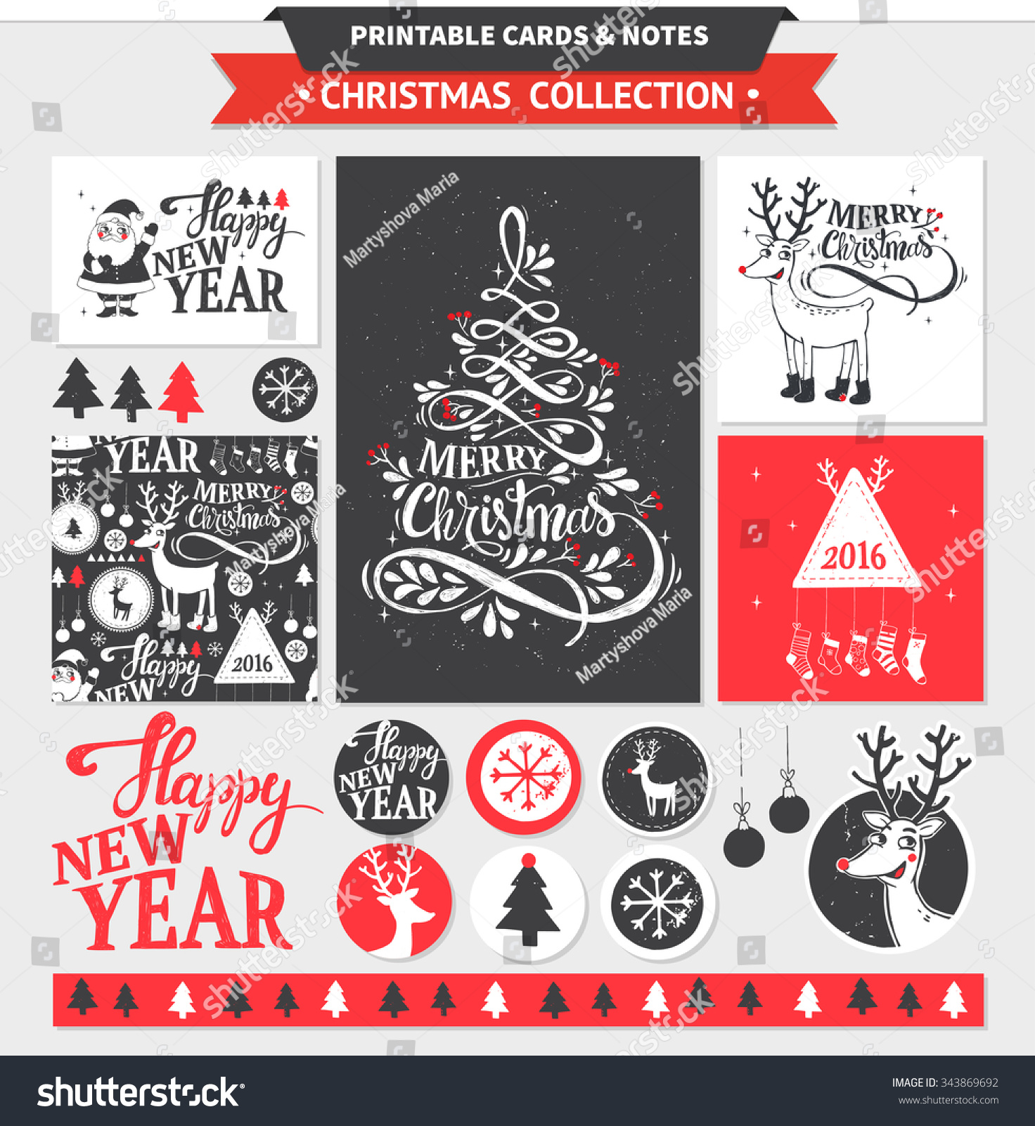 Hipster New Year and Merry Christmas set Vector printable cards stickers and banners with