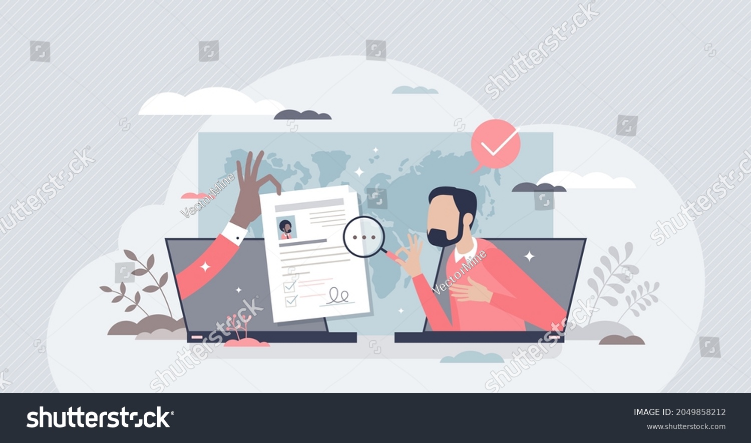 SVG of Hiring remotely and send job application or CV online tiny person concept. Distant freelance work review and applying to occupation using laptop and remote connection interview vector illustration. svg