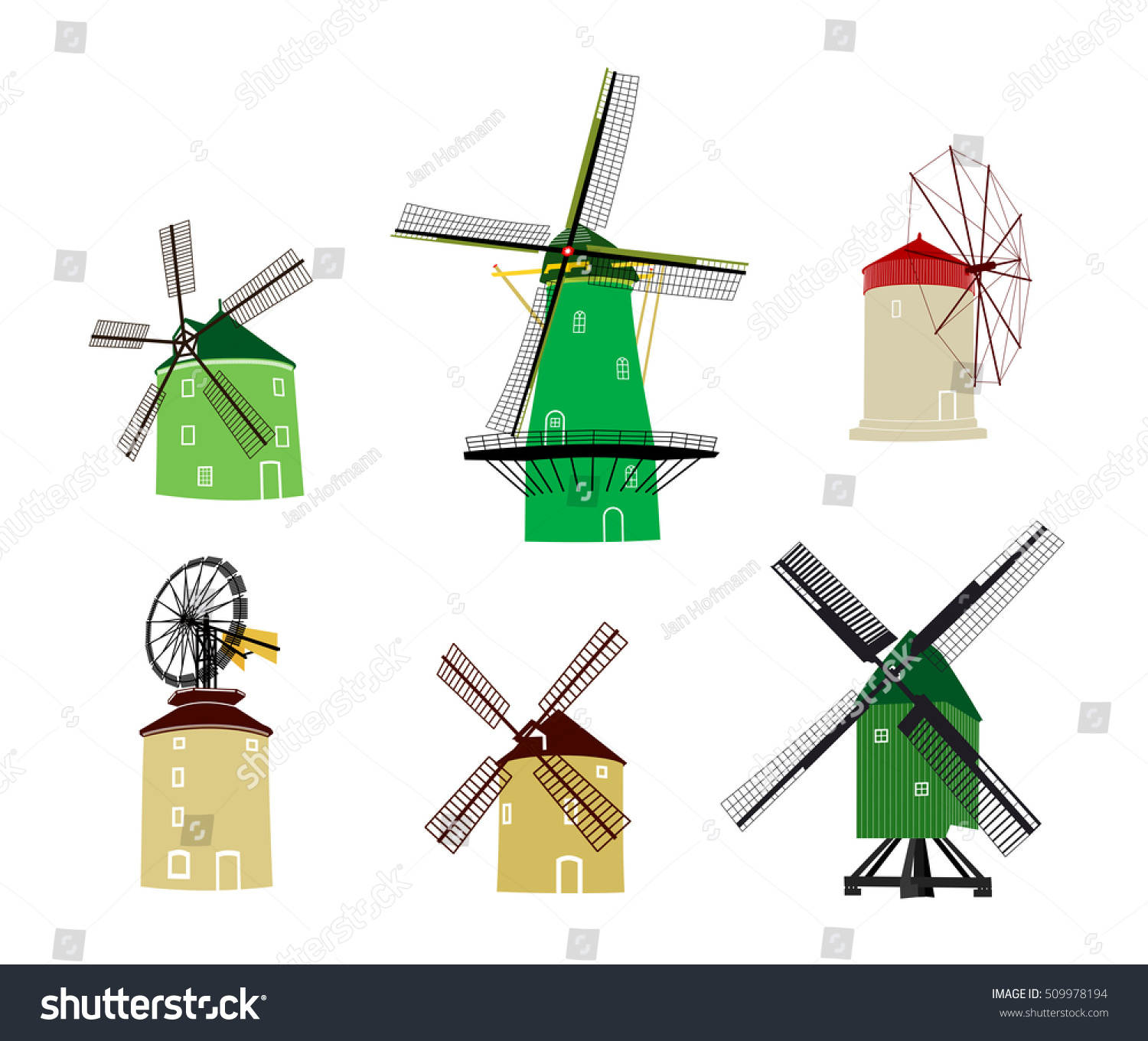 SVG of historical windmills in netherlands, greece, bohemia and germany svg
