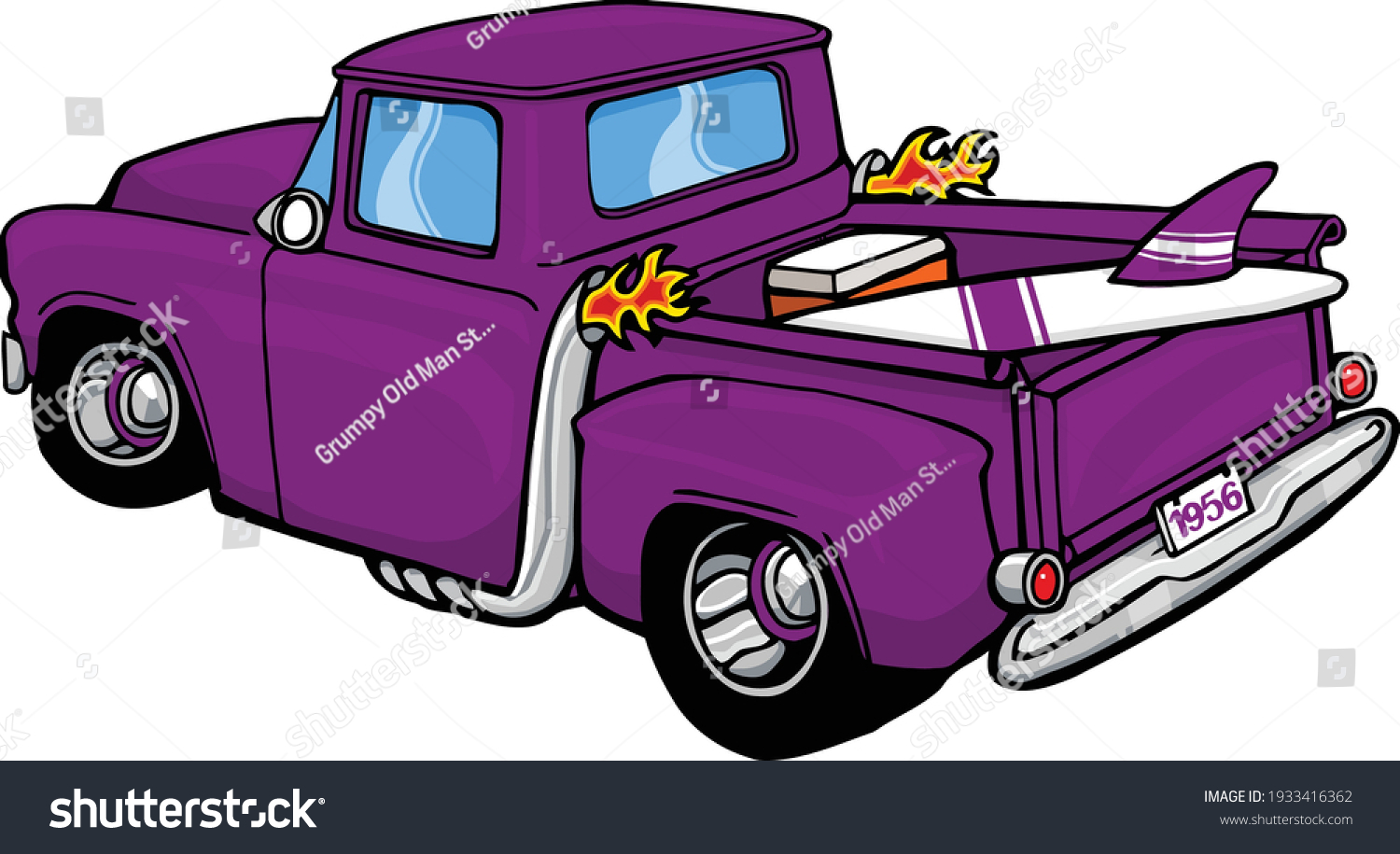 SVG of Hitting the beach after getting some serious work done. This clip art piece features a classic dodge truck with surfboard and cooler in the back. svg