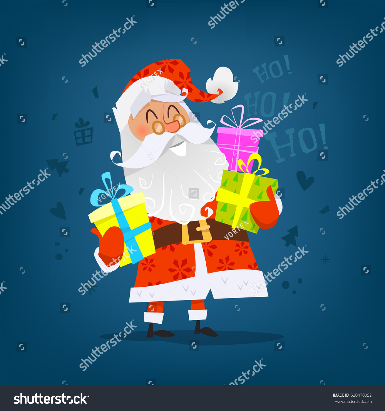 Cute Cartoon Santa Claus with colorful t boxes in hands Christmas