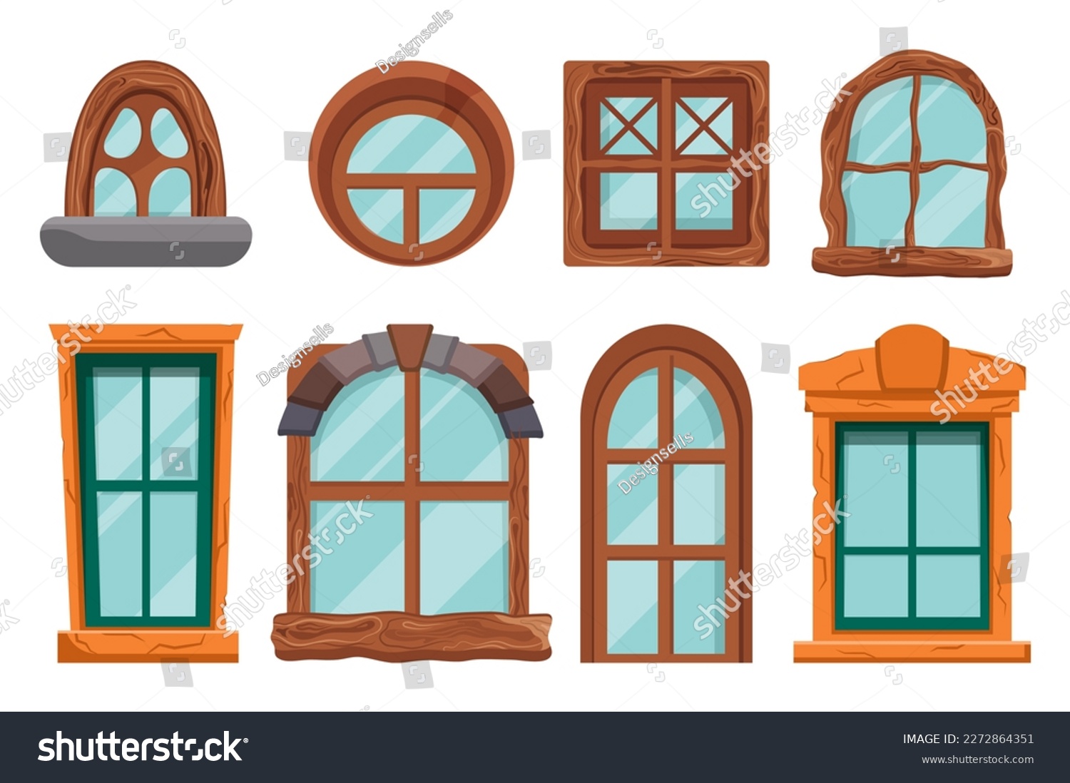 SVG of Hobbit house windows set concept without people scene in the flat cartoon design. Images of windows from Hobbit cartoons. Vector illustration. svg
