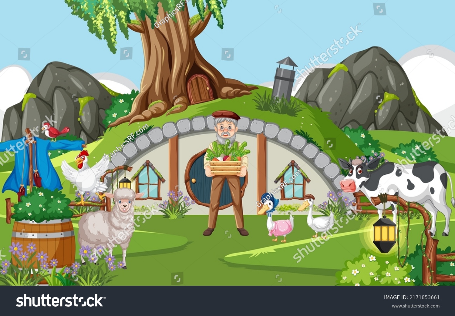 SVG of Hobbit house with farm animals illustration svg