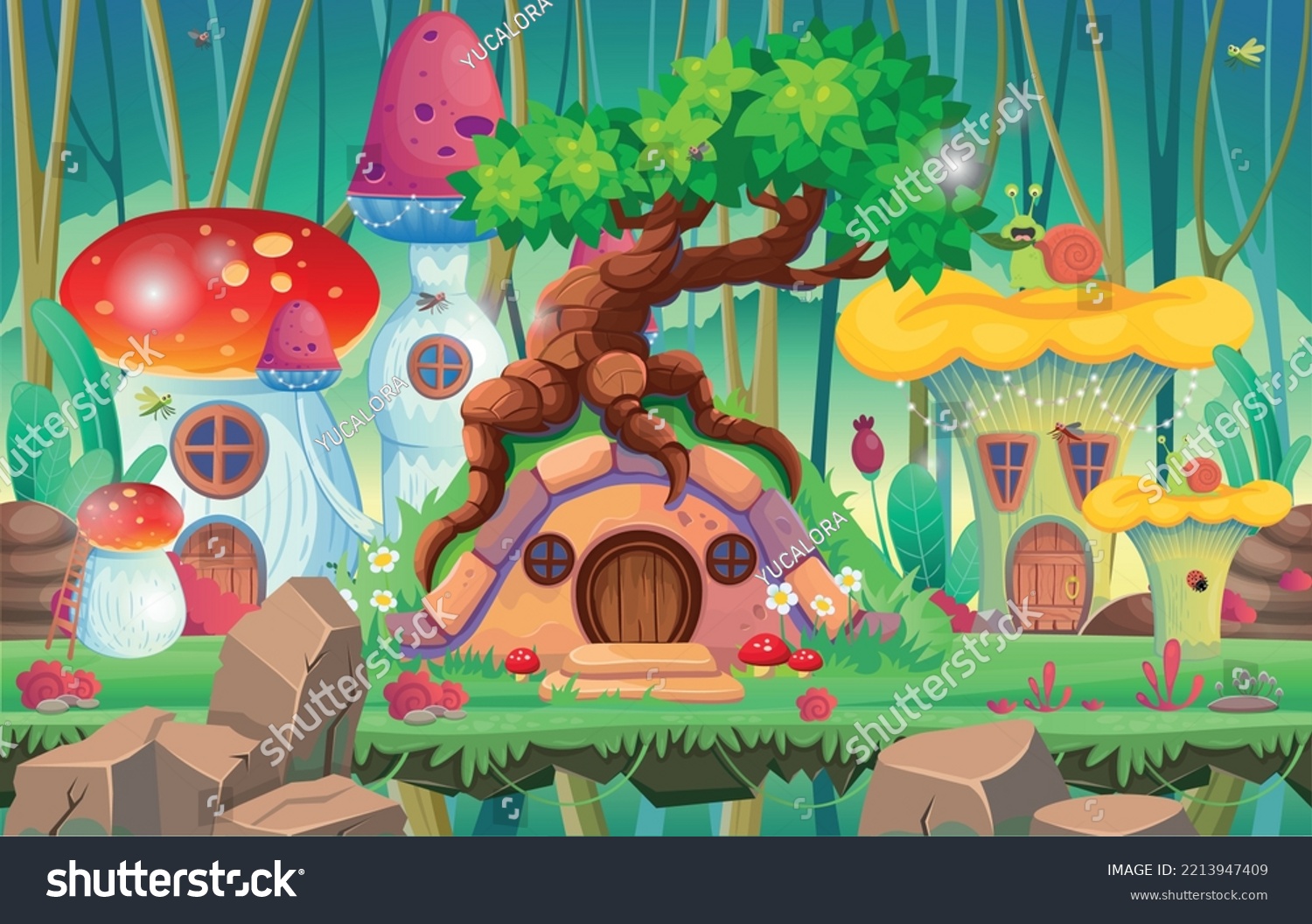 SVG of Hobbit house with old branchy tree in the forest and house mushrooms. Fairy dwelling with round wooden door and windows, flowers and  mushrooms. Background with magical houses for games. Forest.   svg