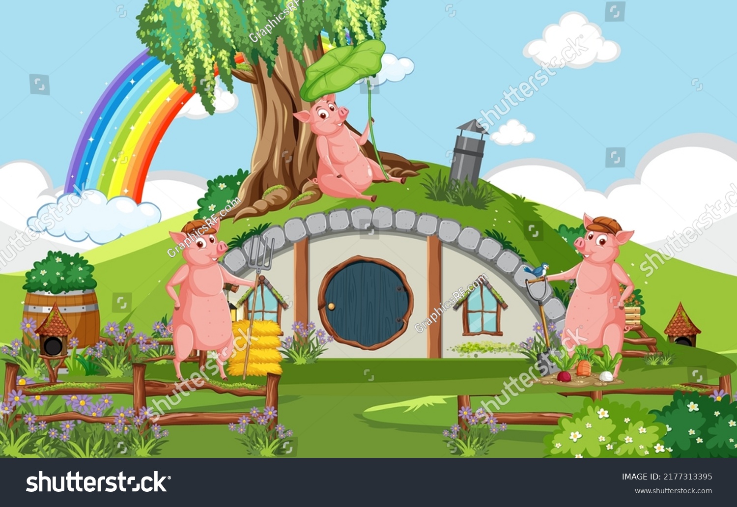 SVG of Hobbit house with pig family illustration svg