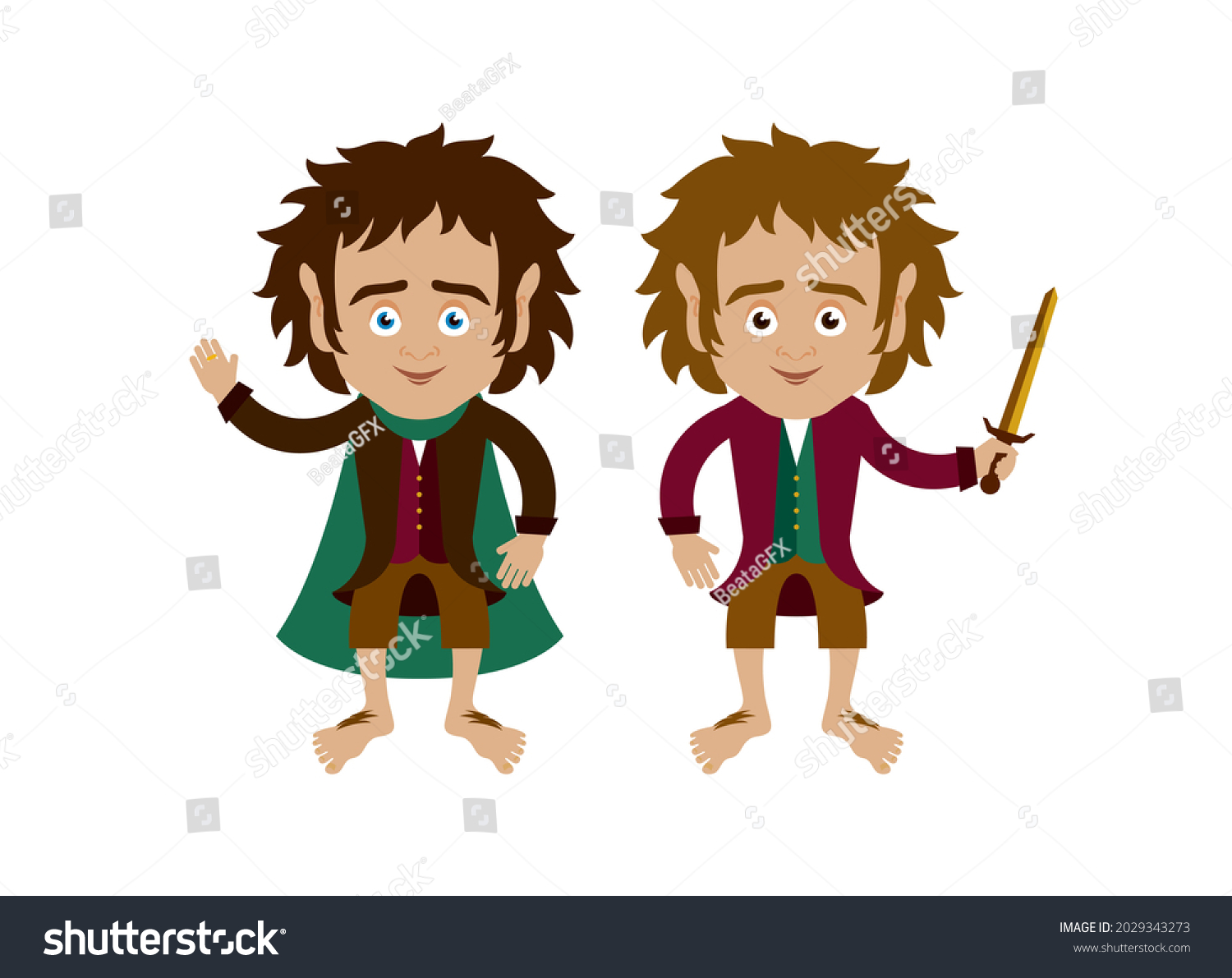 SVG of Hobbits Bilbo and Frodo Baggins, Fictional characters icon set vector. Two cute hobbits icon isolated on a white background. Bilbo and Frodo cartoon character svg