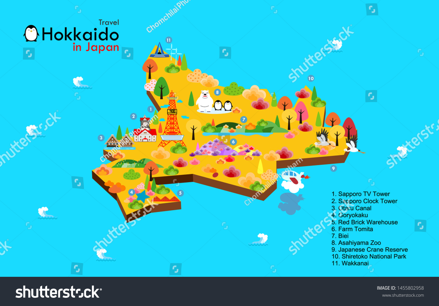 Hokkaido Map With Attractions Hokkaido Travel Map Japan Landmark Attractions Stock Vector (Royalty Free)  1455802958 | Shutterstock