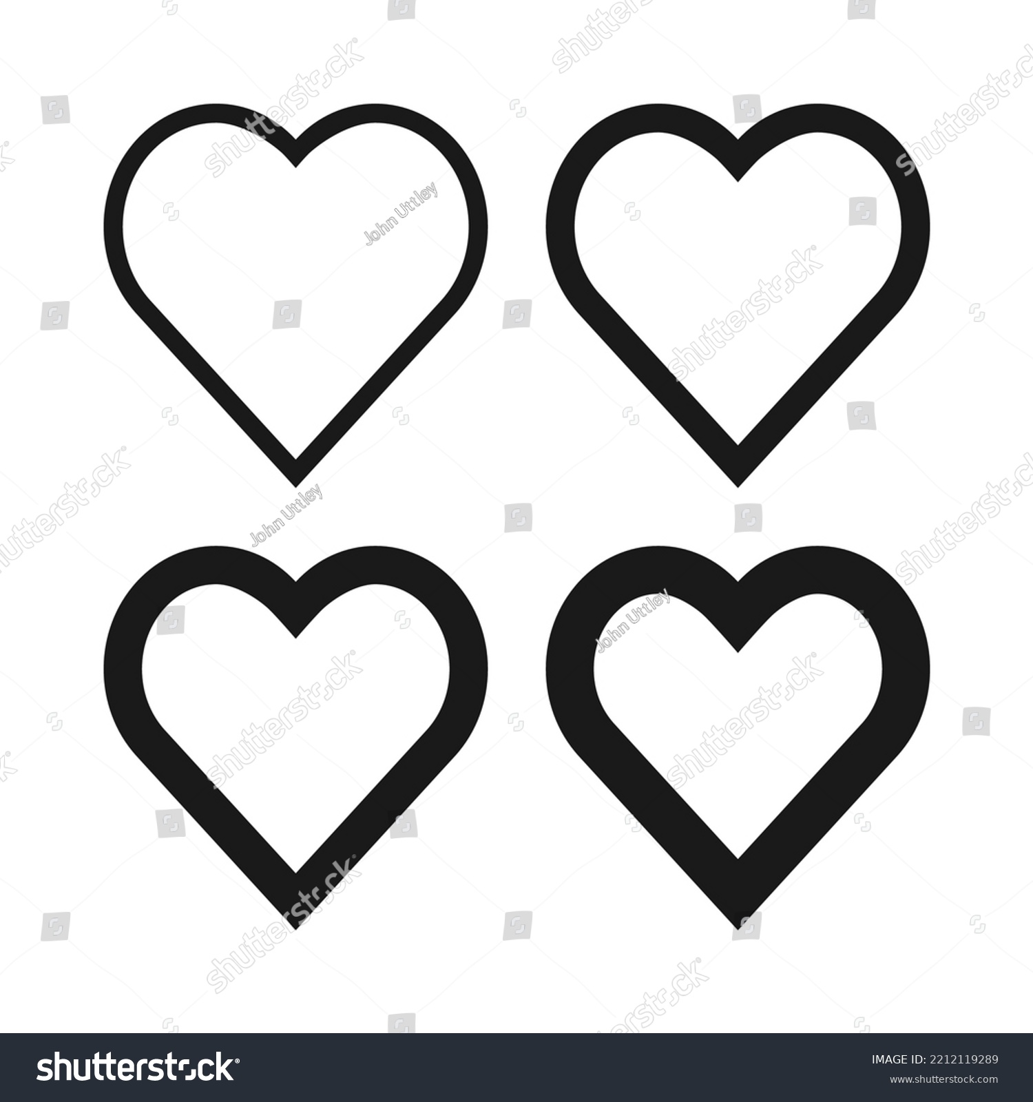 SVG of Hollow love heart stroke shape icons. A group of 4 line shapes with varying degrees of thickness. Isolated on a white background. svg