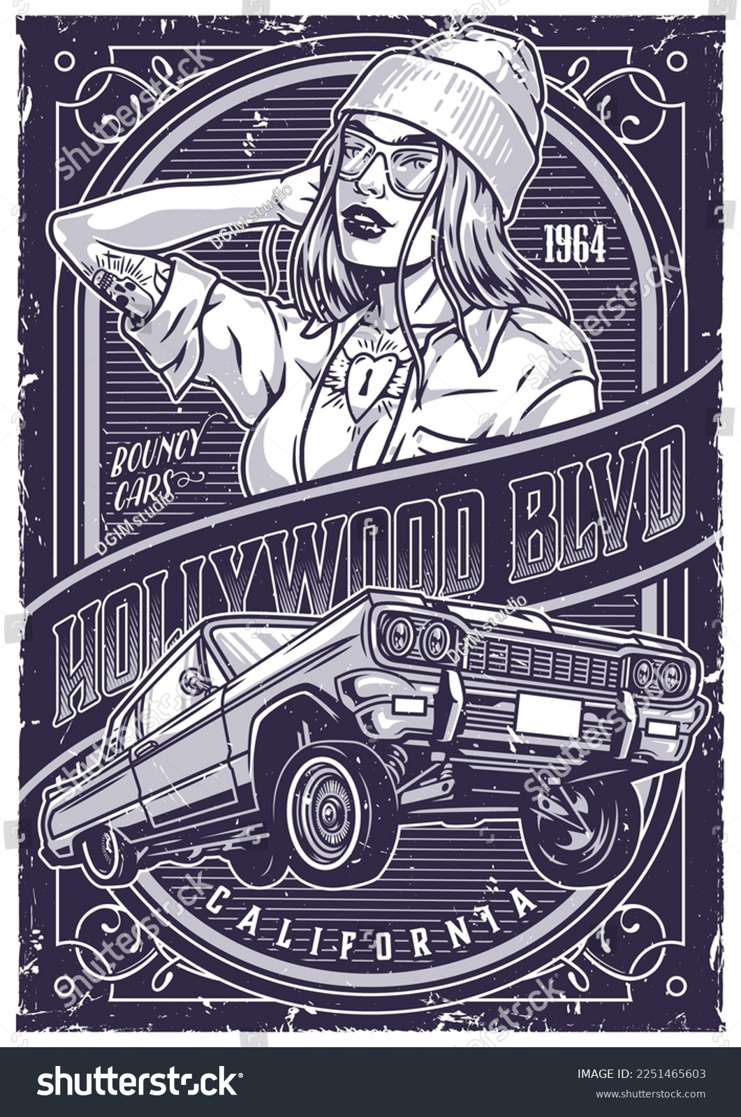 SVG of Hollywood car show poster monochrome fashionable tattooed girl racer in seductive clothes near auto for lowriding urban culture vector illustration svg
