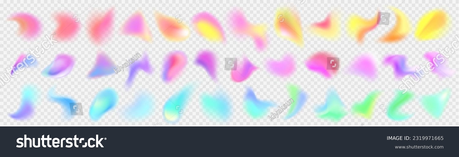 SVG of Holographic abstract blur spot. Vector 3d chameleon y2k aura shape gradient texture. Soft geometric blend graphic design isolated set. Pastel fluid paint colorful blurry dynamic brush stroke glow svg