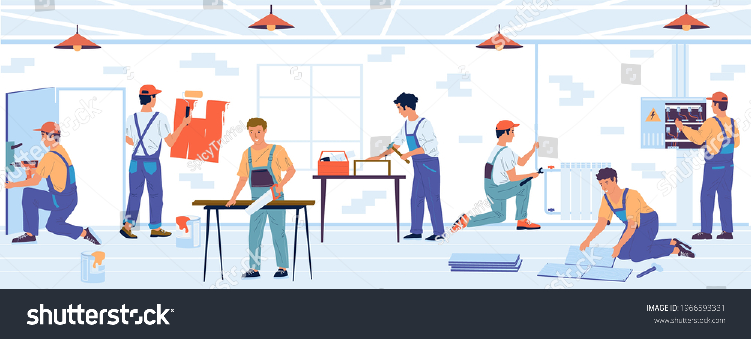 SVG of Home renovation. Cartoon builders make repairs. Professional brigade laying floor tiles and painting wall in apartments. Man sawing board. Vector handymen work with construction tools svg
