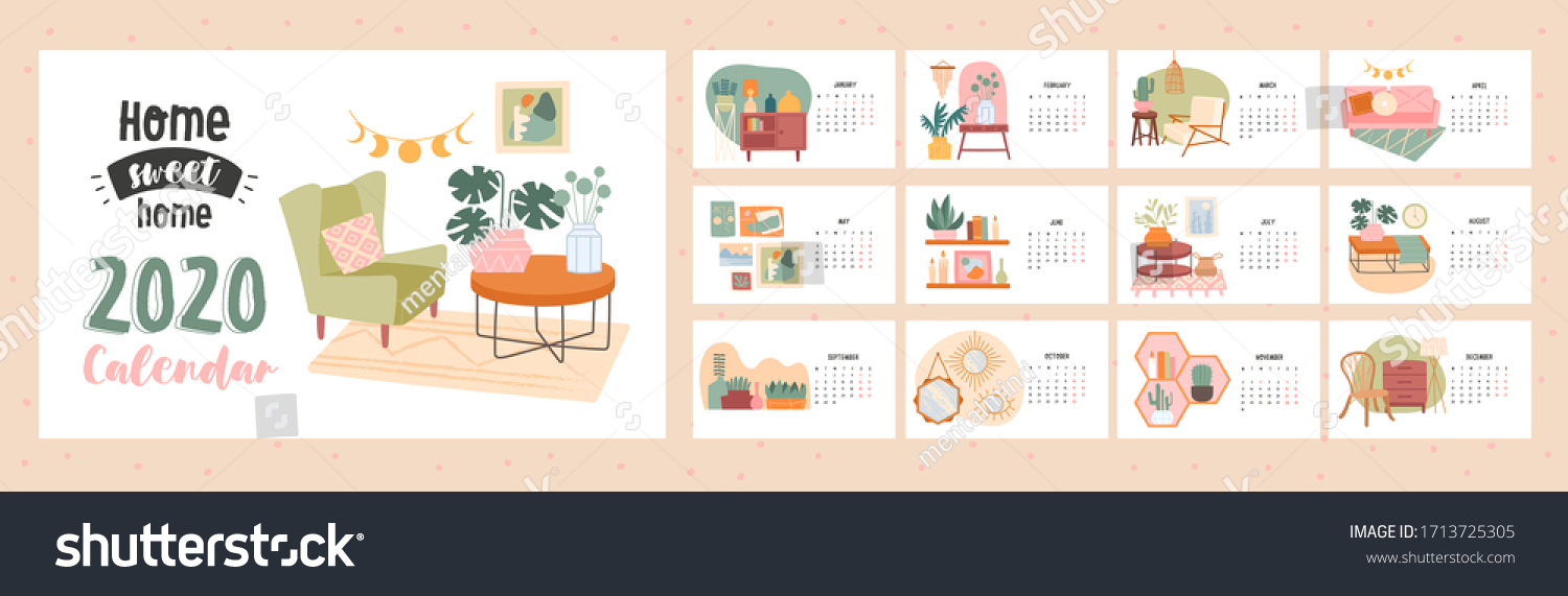 Home Sweet Home 2020 Calendar Template Stock Vector (Royalty Free