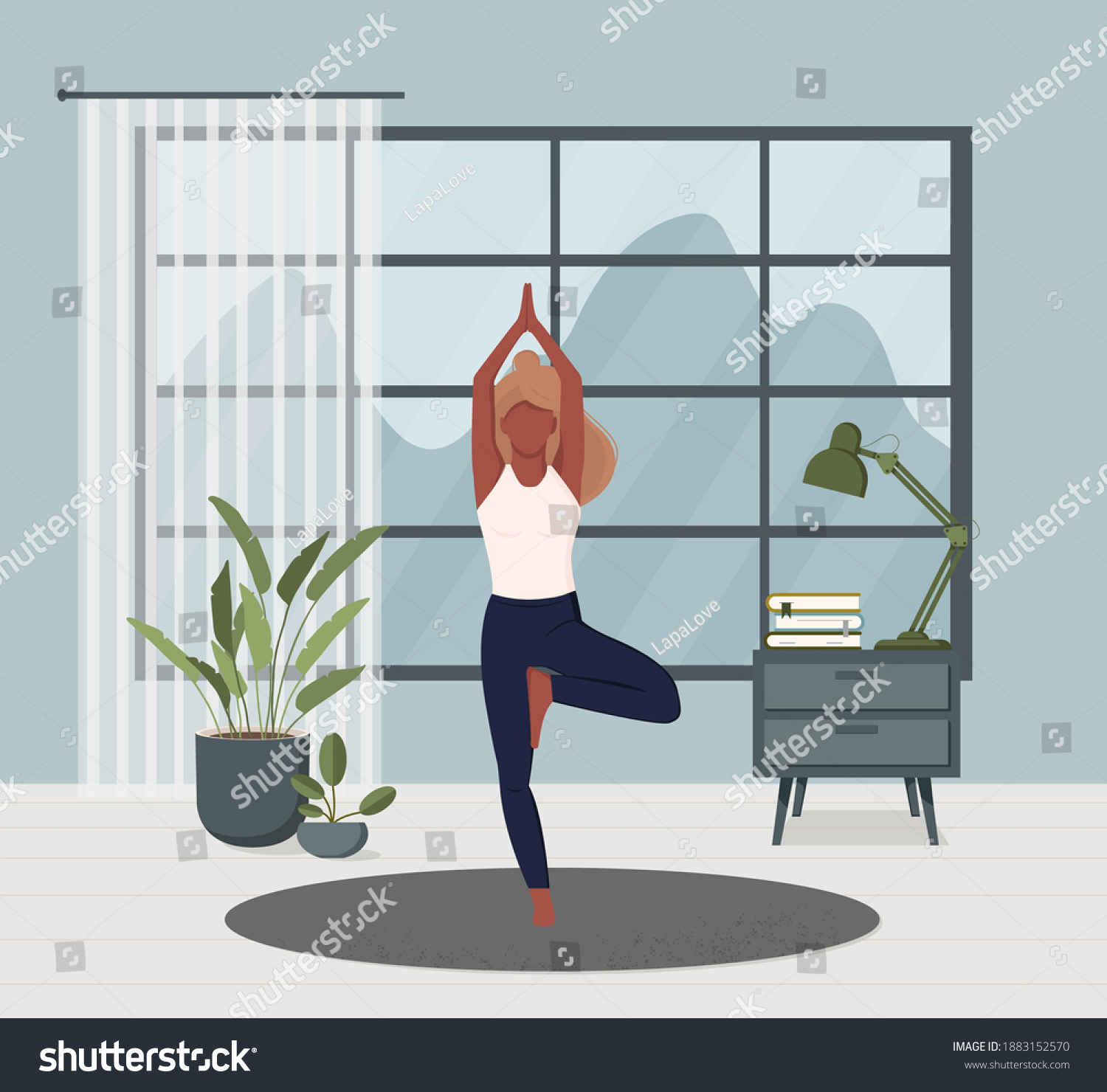 SVG of Home yoga. Meditation. Sports. Girl performs aerobics exercises and morning meditation at home. Mental health and relaxation. Stock illustration. Physical and spiritual practice. Vector graphics. svg