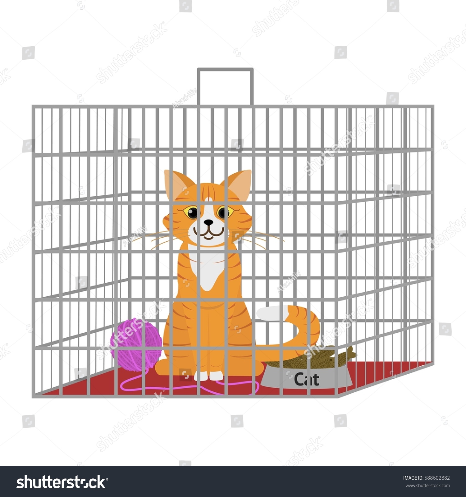 Homeless Cat Sitting Cage Cartoon Character: vector de stock (libre de