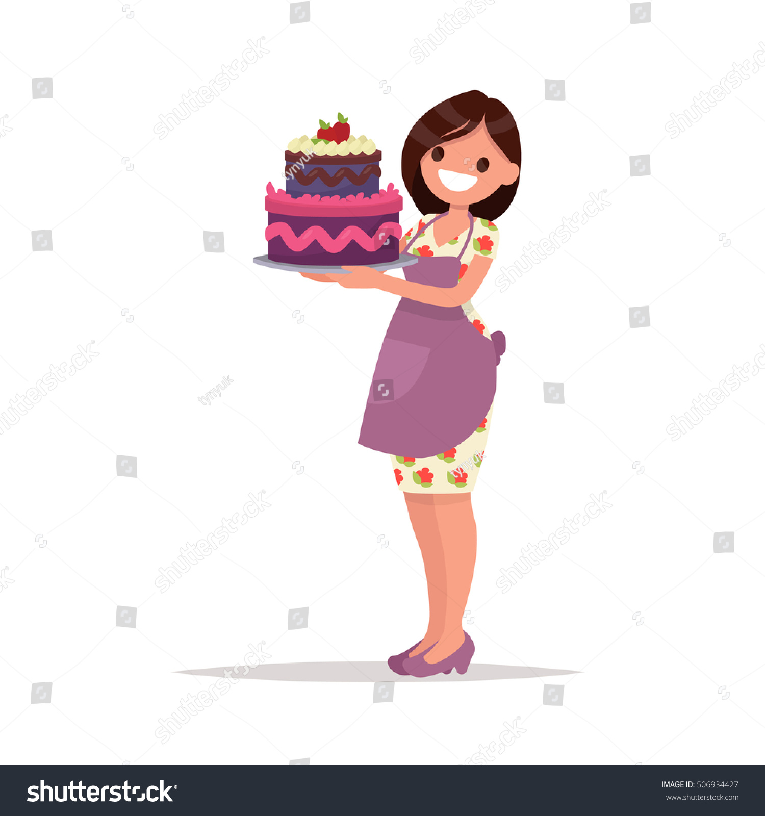 SVG of Homemade birthday cake. Housewife   holds a beautiful cake. Vector illustration in a flat style svg