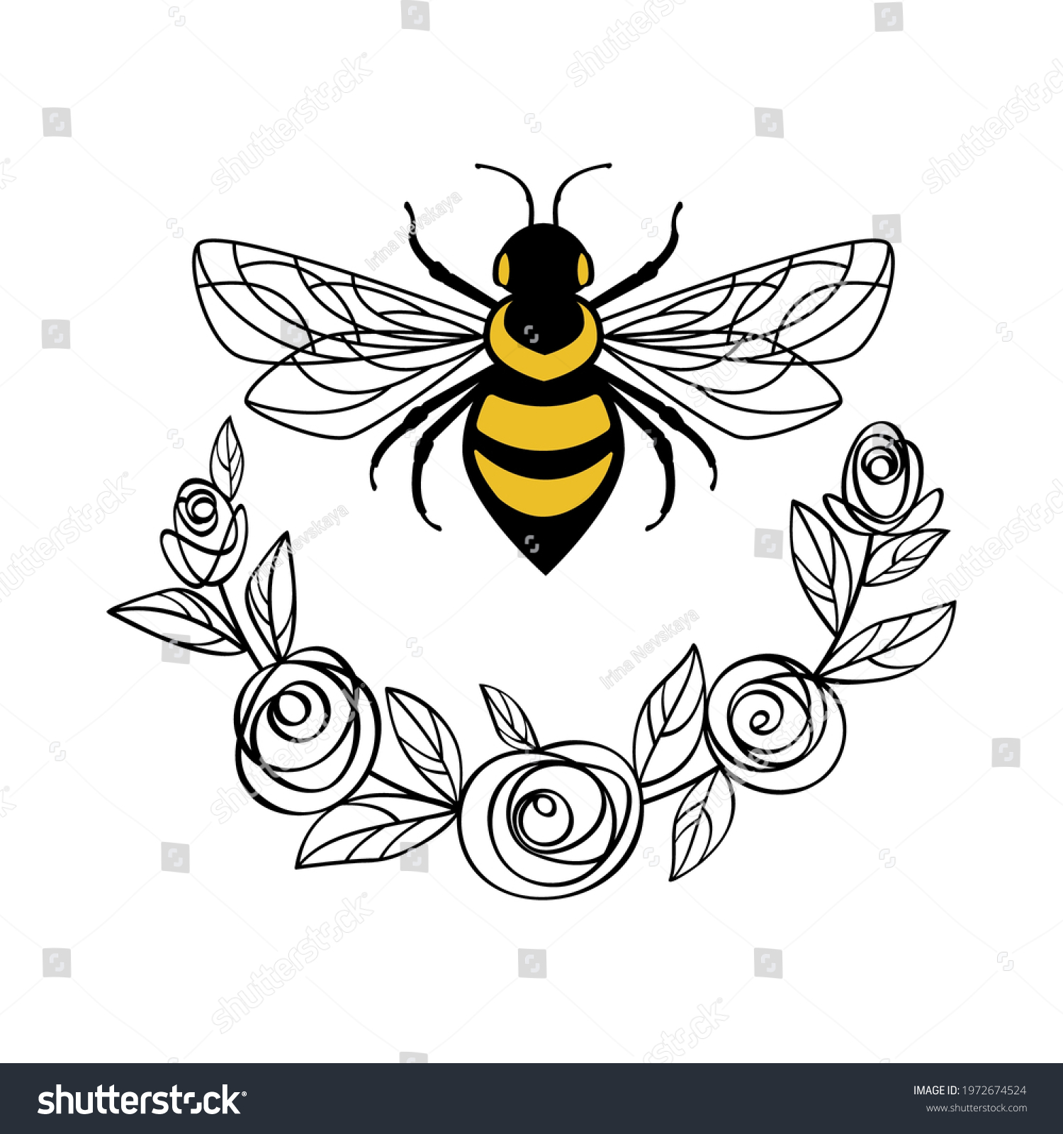 SVG of Honey bee in a flower frame. Floral frame wreath made of rose flowers and leaves. Suitable for cutting SVG files on a plotter. Bumblebee for t-shirt design svg