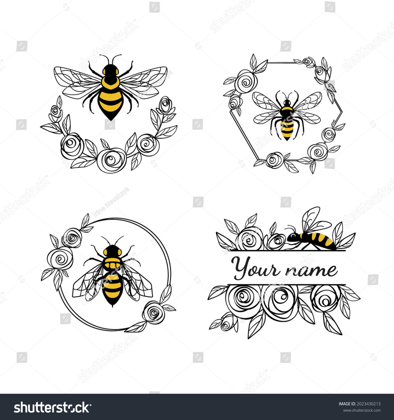 SVG of Honey bee in a flower frame. Set of floral frames and wreaths. Made of rose flowers and leaves. Suitable for cutting SVG files on a plotter. Bumblebee for t-shirt design svg