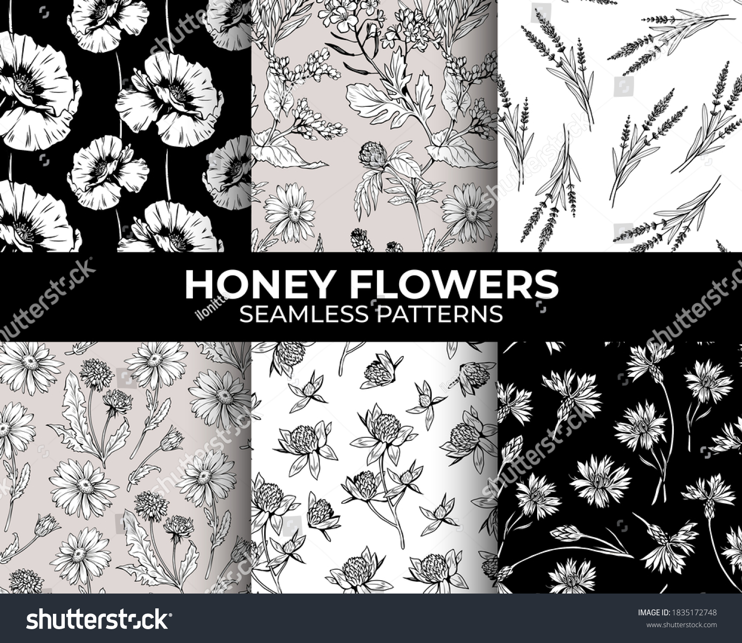 SVG of Honey flowers modern seamless patterns collection for fabric textile design and sublimation. Line art graphic. svg