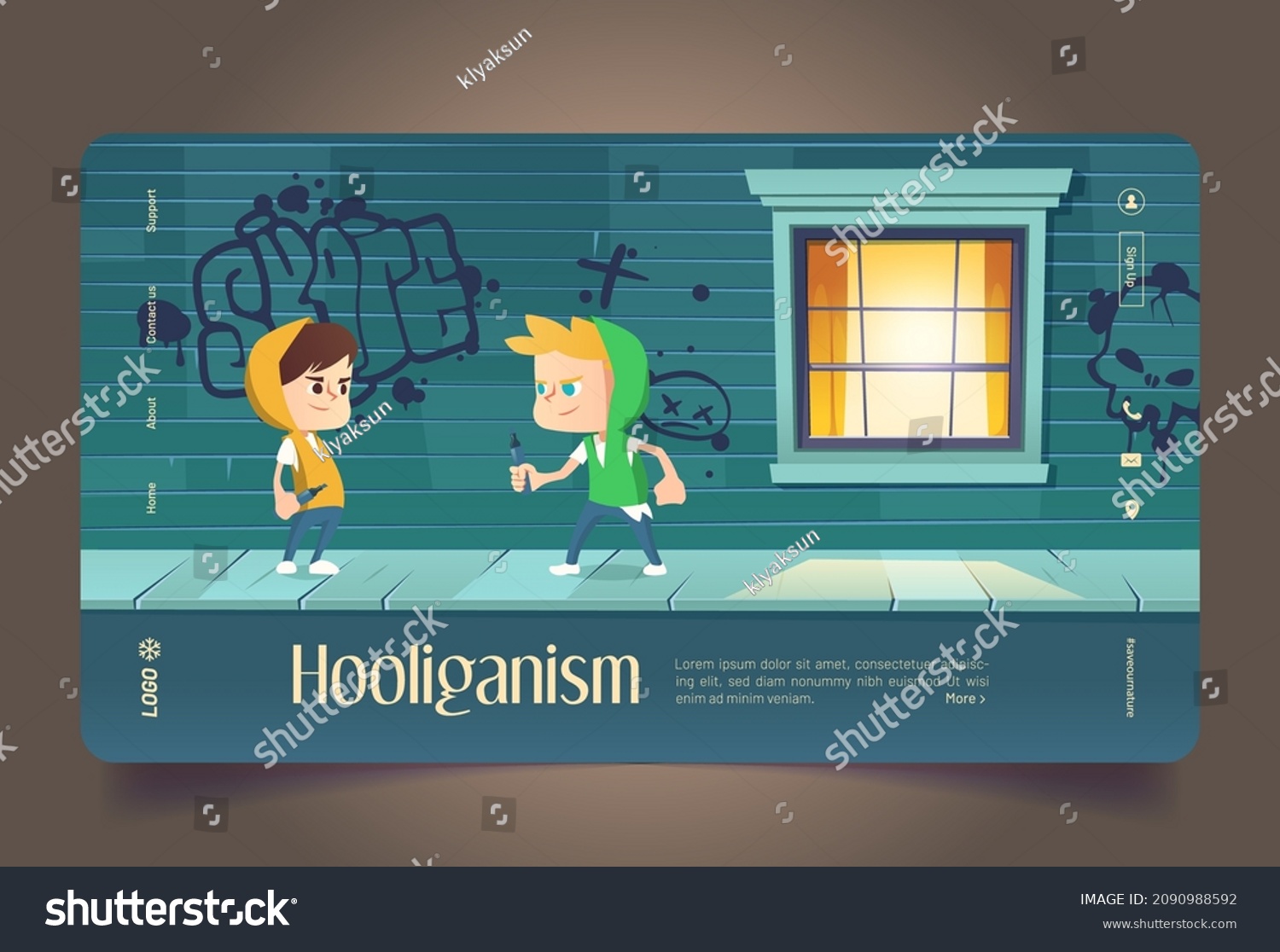 SVG of Hooliganism cartoon landing page, teenagers drawing graffiti on building, kids making inscription. Teens vandals in ghetto, young hooligans, ruffian, street artists, rowdy characters Vector web banner svg