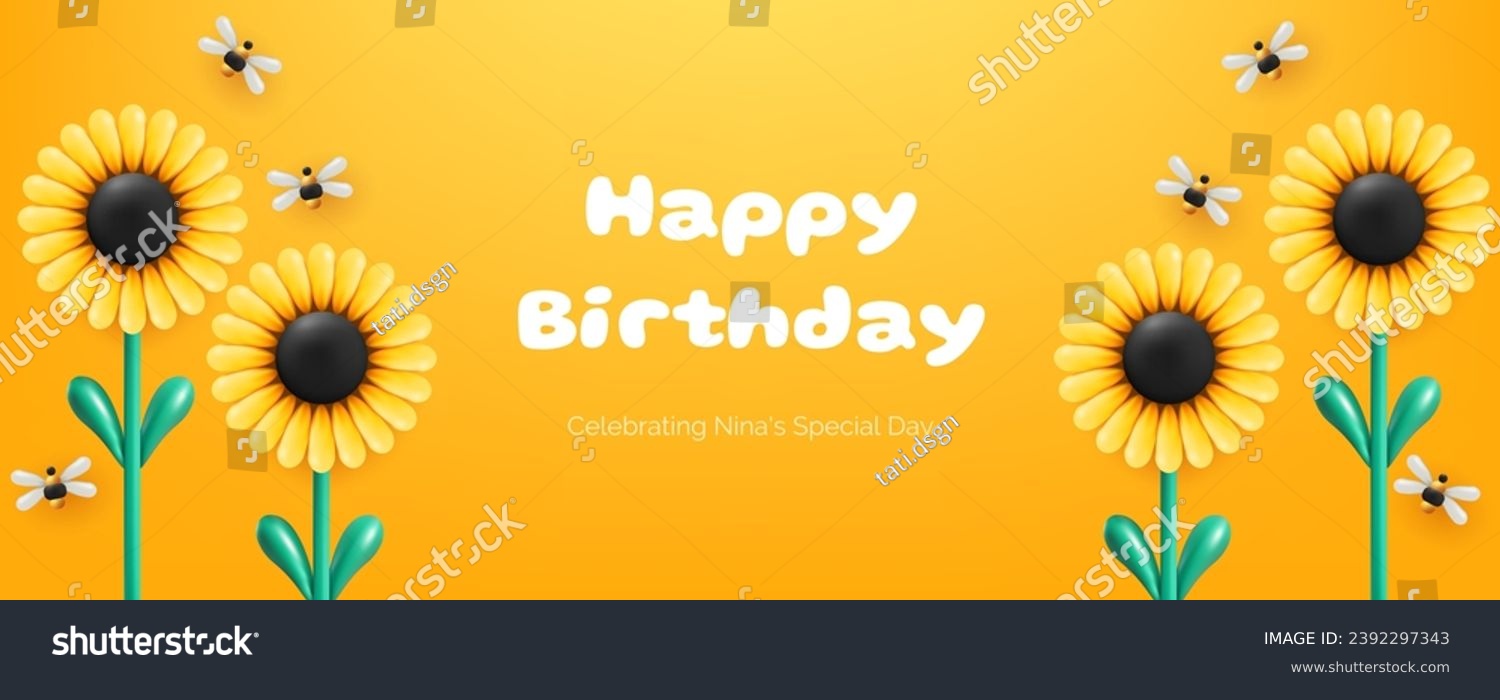 SVG of Horizontal banner in yellow with a 3D illustration featuring flower sunflower balloons, bees and a cheerful birthday design. Realistic and cute invitation card. Not AI generated. svg