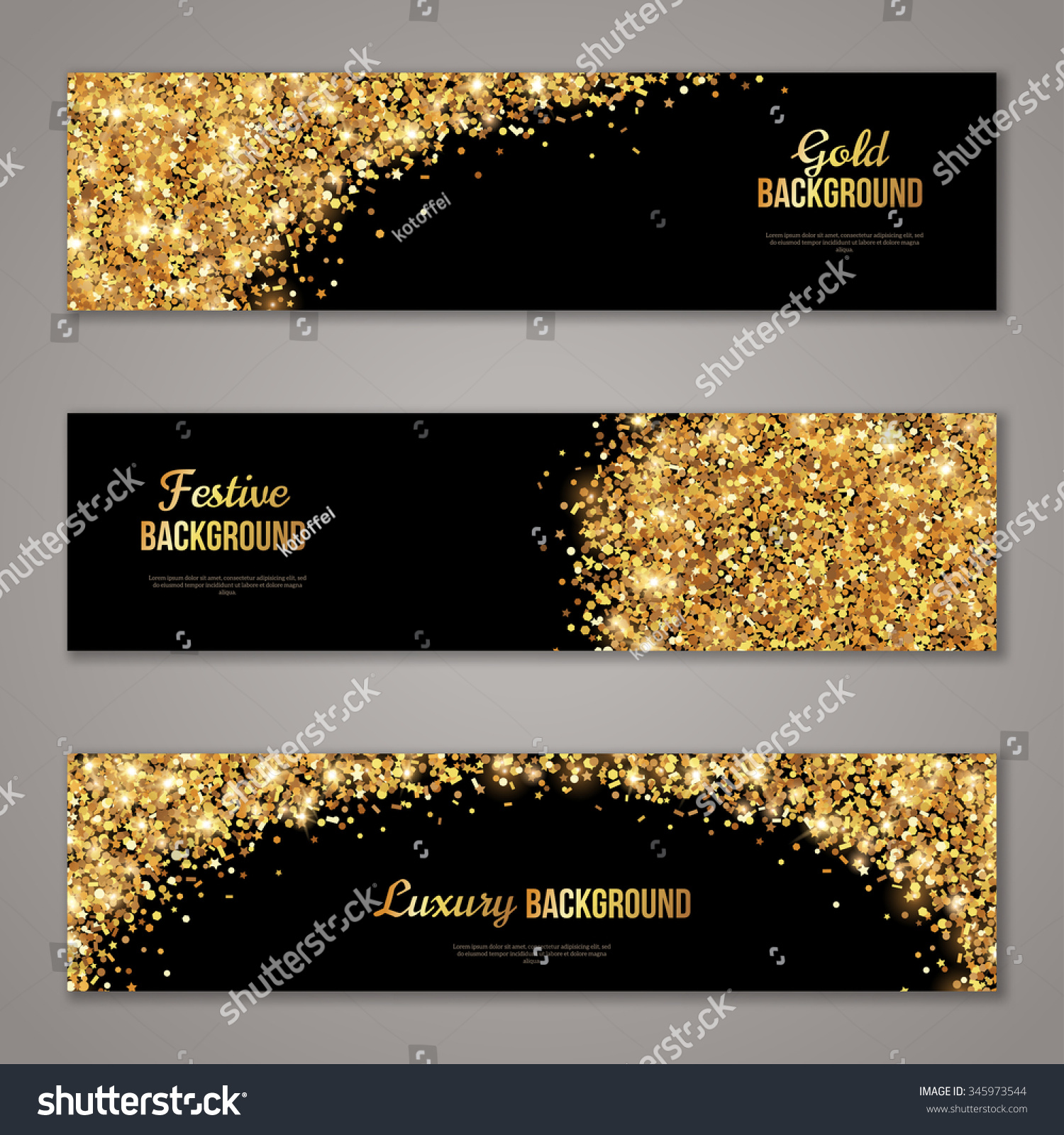 Horizontal Black and Gold Banners Set Greeting Card Design Golden Dust Vector Illustration