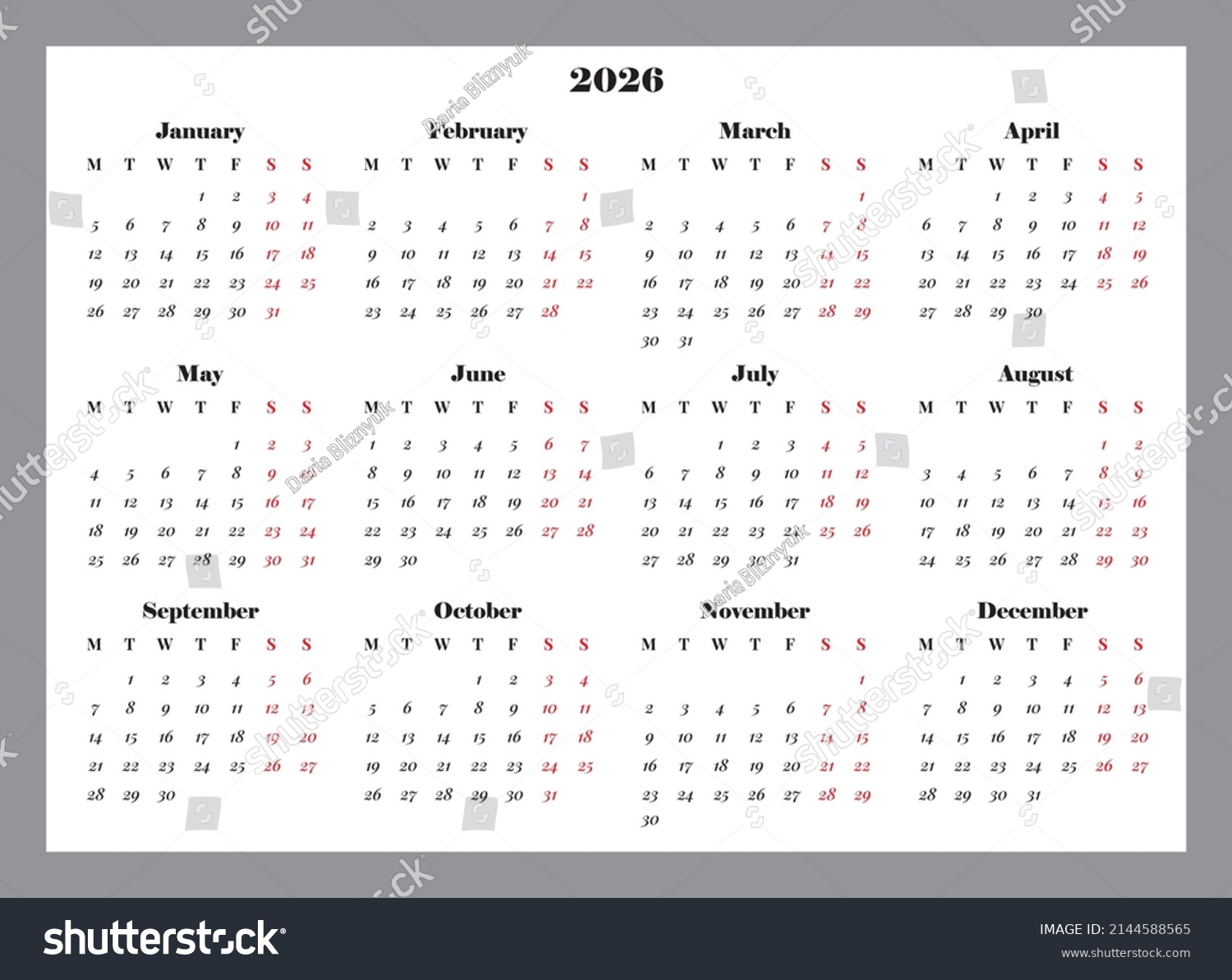 Horizontal Calendar Grid 2026 A4 Format Stock Vector (royalty Free 