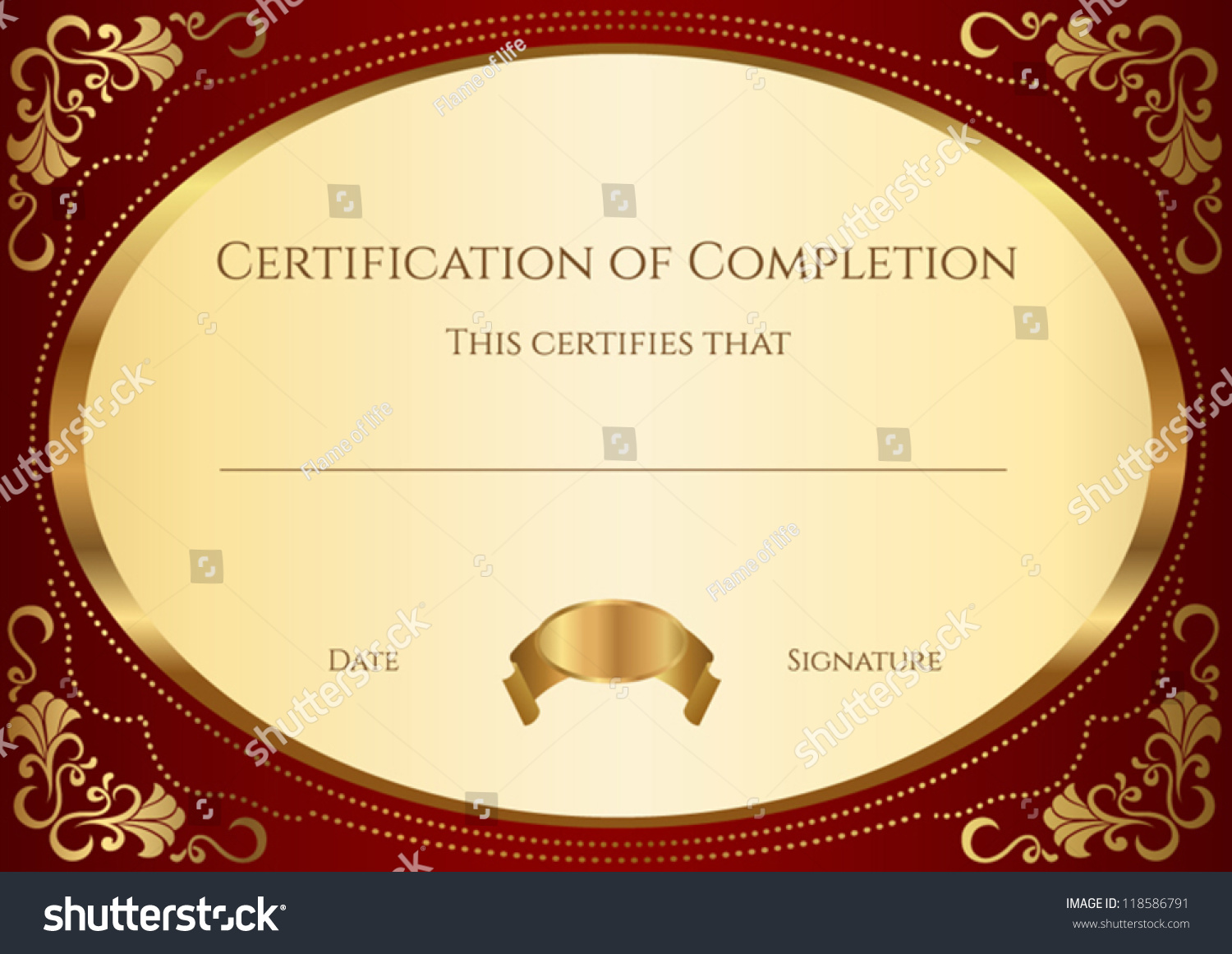 Horizontal Certificate Of Completion Template With Golden Pattern And ...