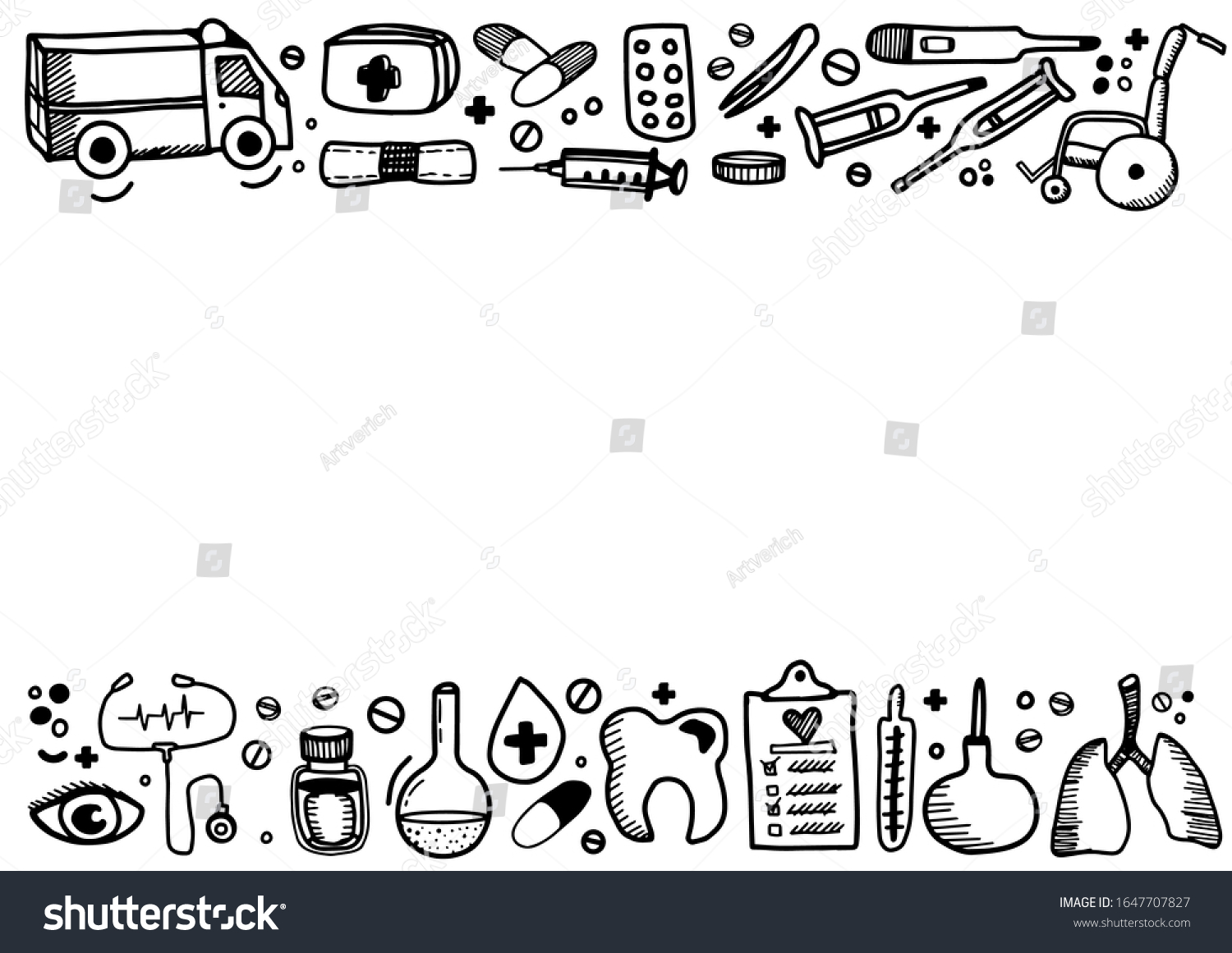 Horizontal Frame Border Medical Equipment Doodle เวกเตอร์สต็อก ปลอด