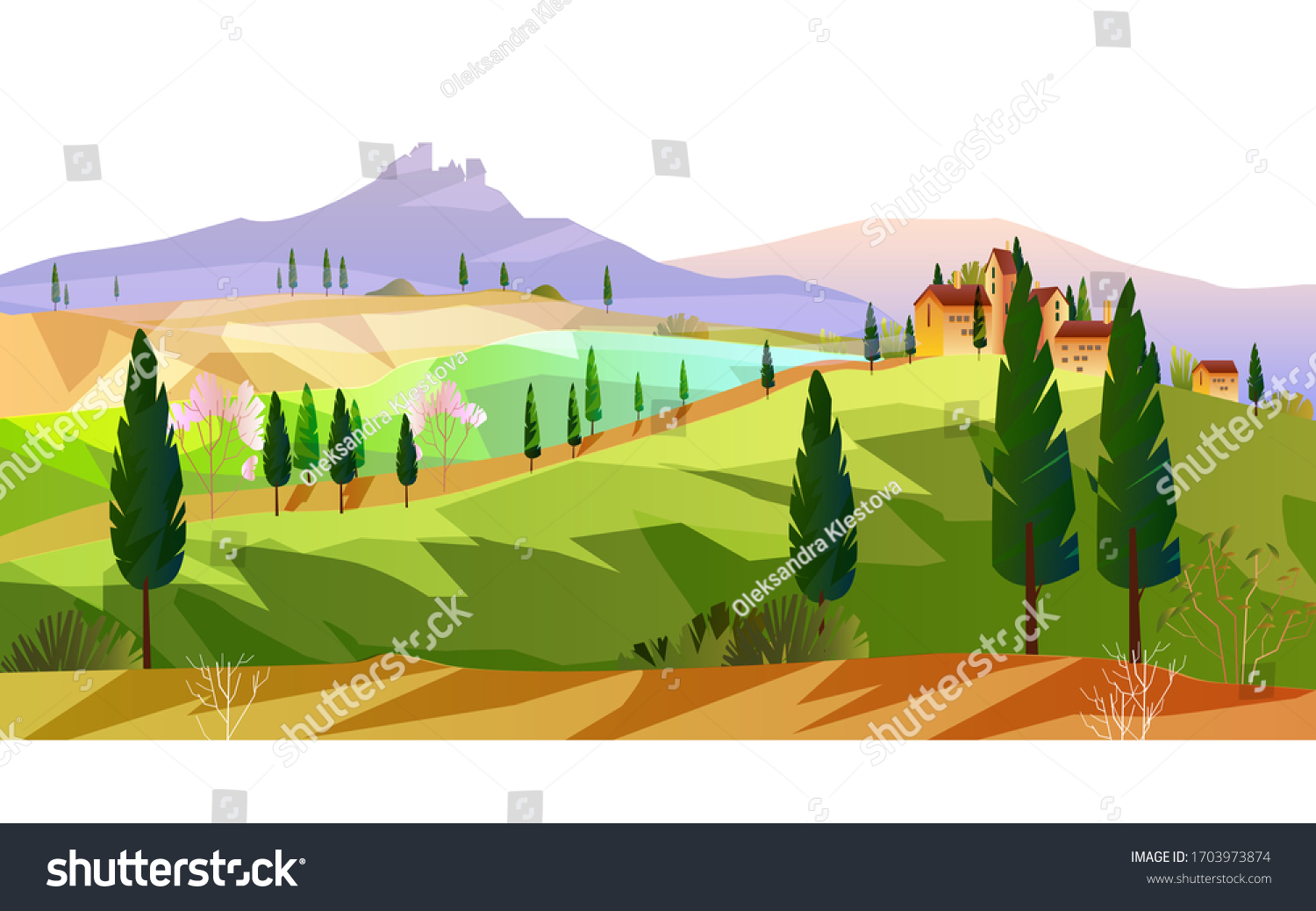 SVG of Horizontal Italian landscape with mountains, hills, vineyard, cypress. European rural view with trees, field and small villa. Autumn stock scenery in flat style.  svg