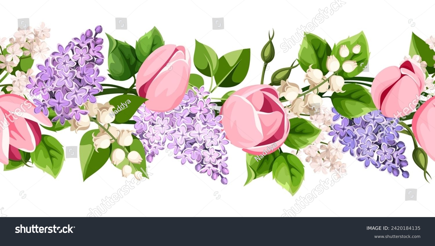 SVG of Horizontal seamless border with pink tulip flowers, purple lilac flowers, lily of the valley flowers, and green leaves. Vector floral garland. Hand-drawn illustration, not AI svg