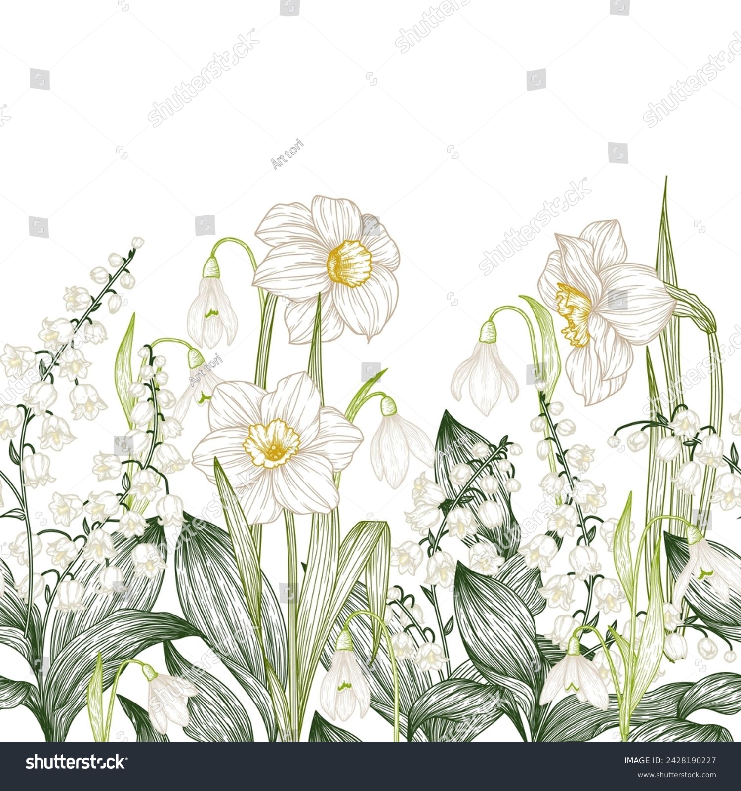 SVG of Horizontal seamless vector pattern with spring flowers. Daffodils, snowdrops and lilies of the valley svg