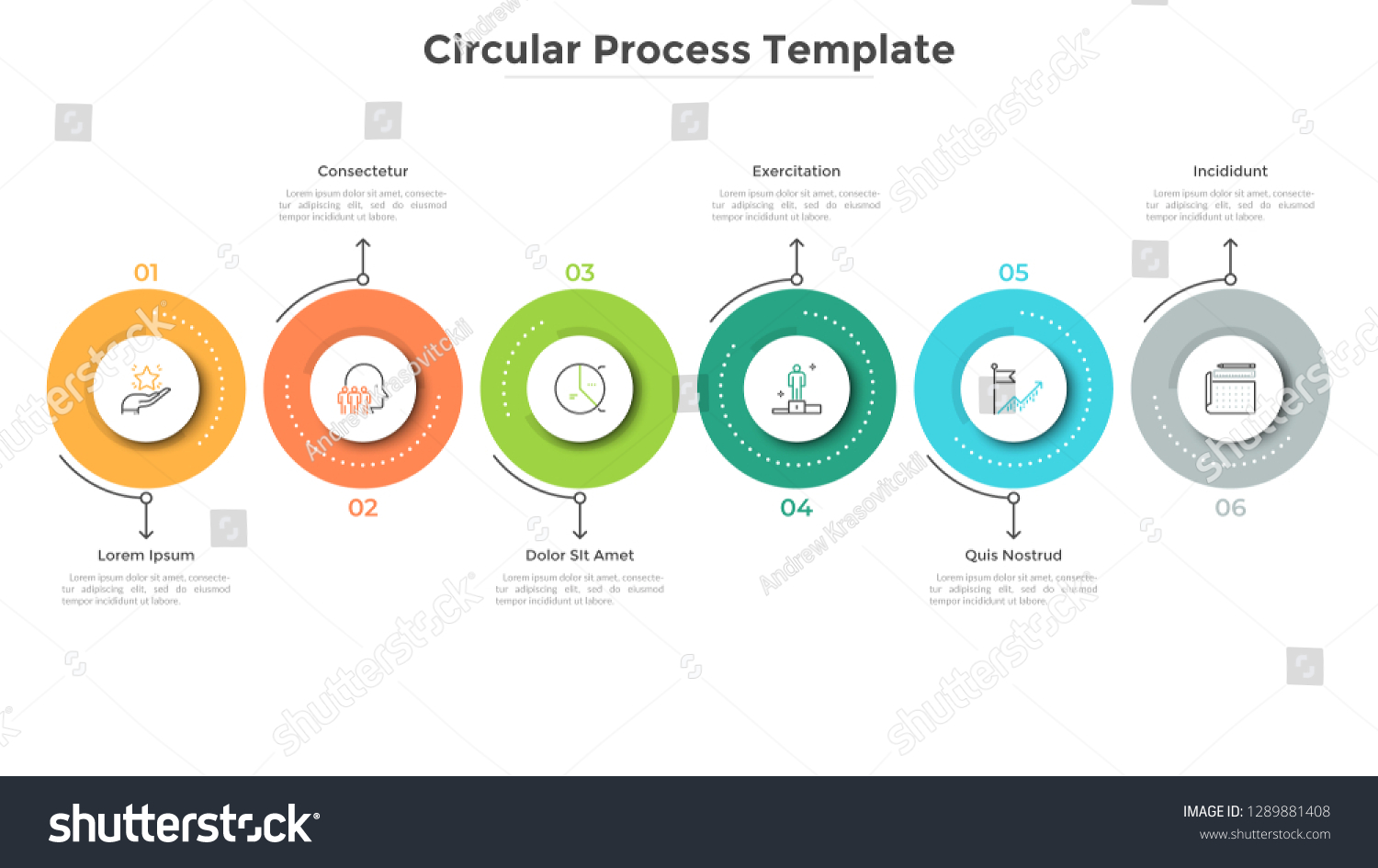 Horizontal Timeline Six Colorful Circular Elements Stock Vector