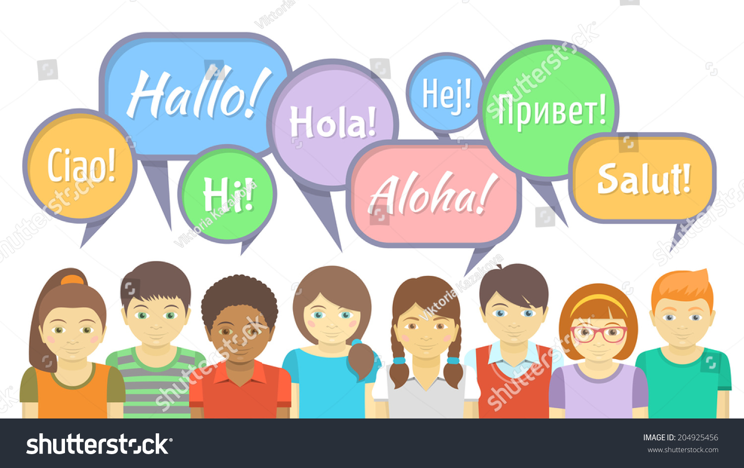 Horizontal Vector Illustration Of The Group Of Kids That Say Hello In ...