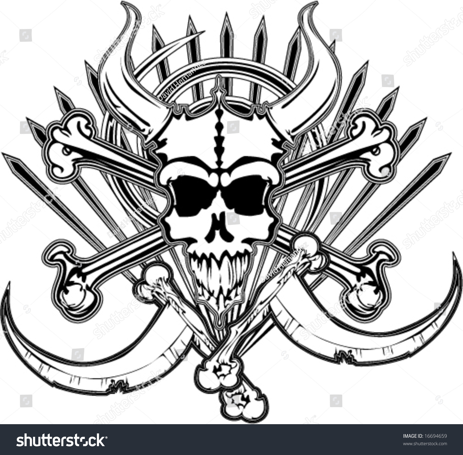 Horned Beast Skull Pirate With Crossed Bones And Death Scythes Spiked ...