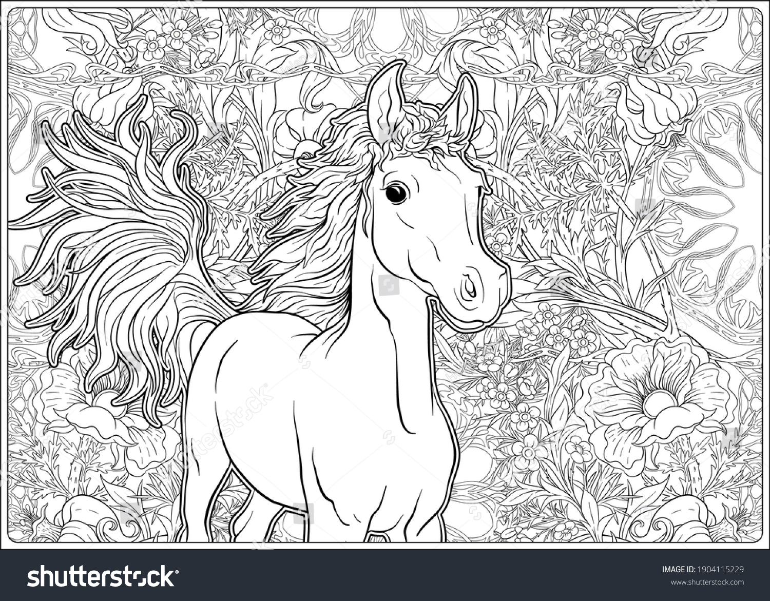 Horse Flowers Outline Vector Illustration Coloring Stock Vector ...