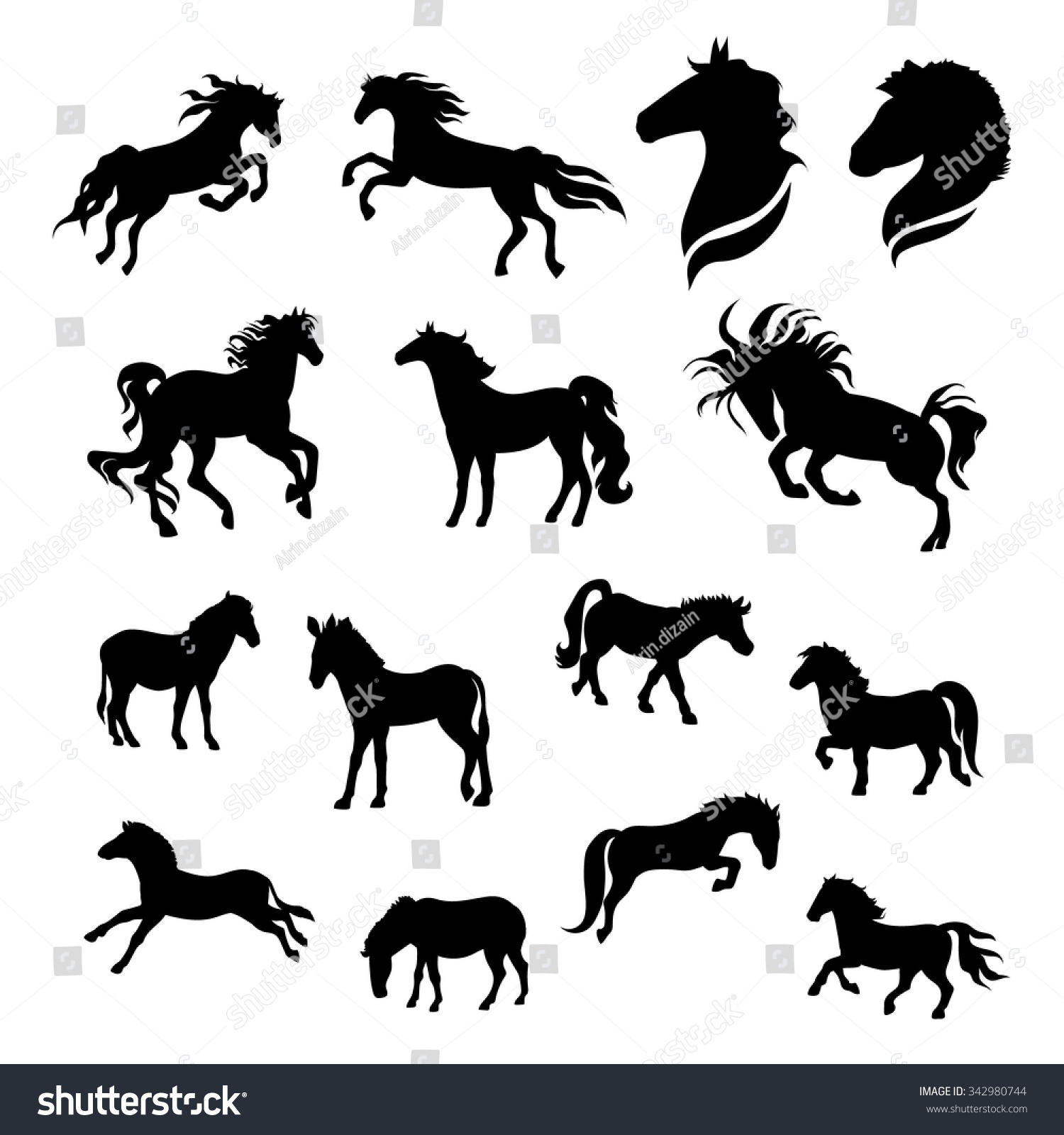 Horse Big Set Black Silhouettes Icons Stock Vector (Royalty Free) 342980744