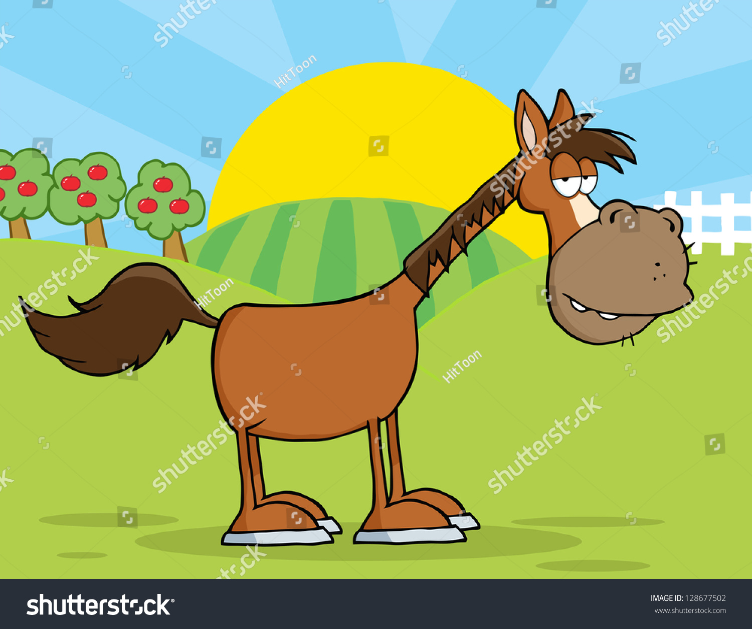 Horse Cartoon Mascot Character In Country Farm Stock Vector ...