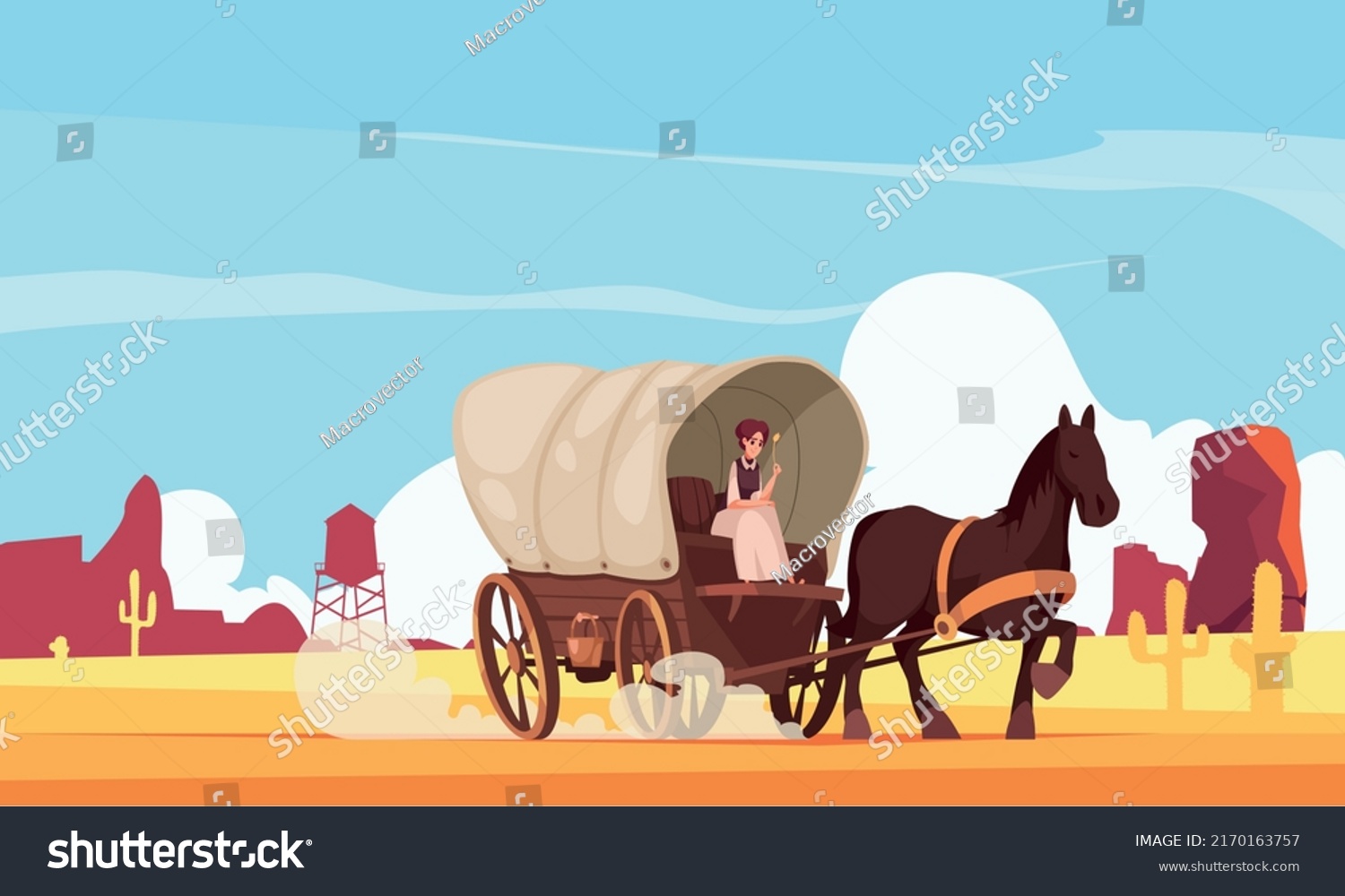 SVG of Horse drawn vintage vehicle cartoon composition with girl sitting in covered wagon at south nature background vector illustration svg