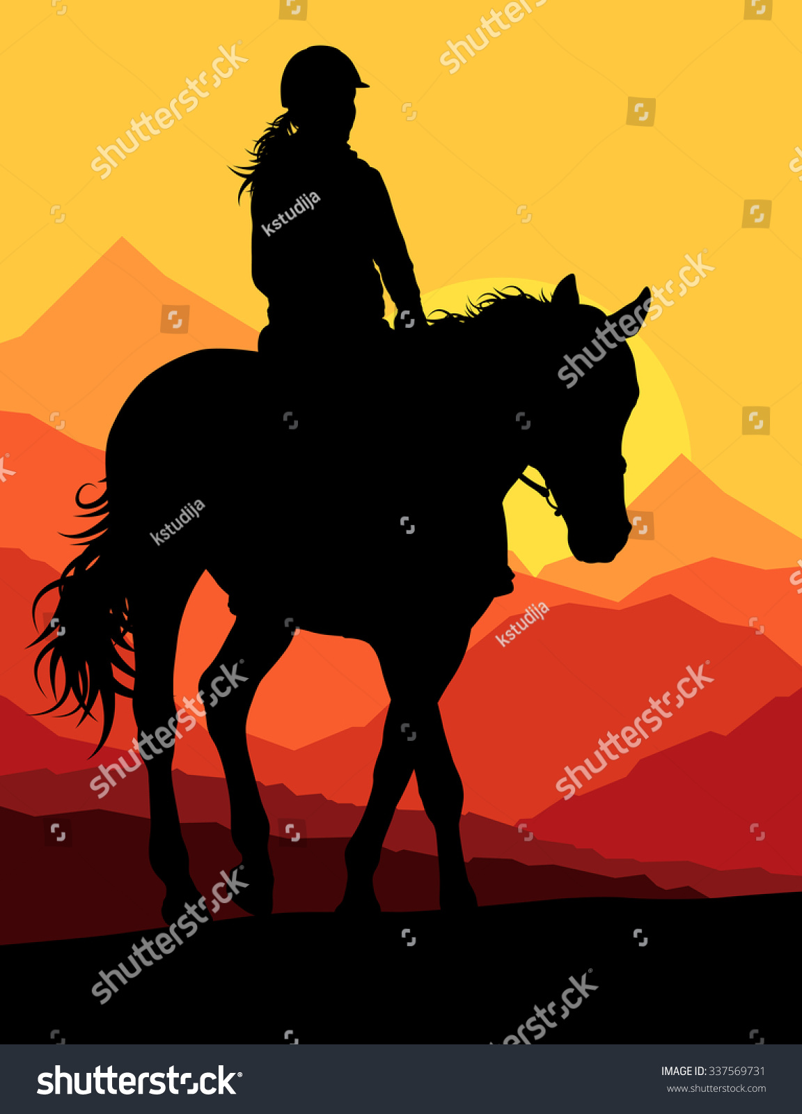 Horse With Rider Countryside Landscape Equestrian Sport Vector ...