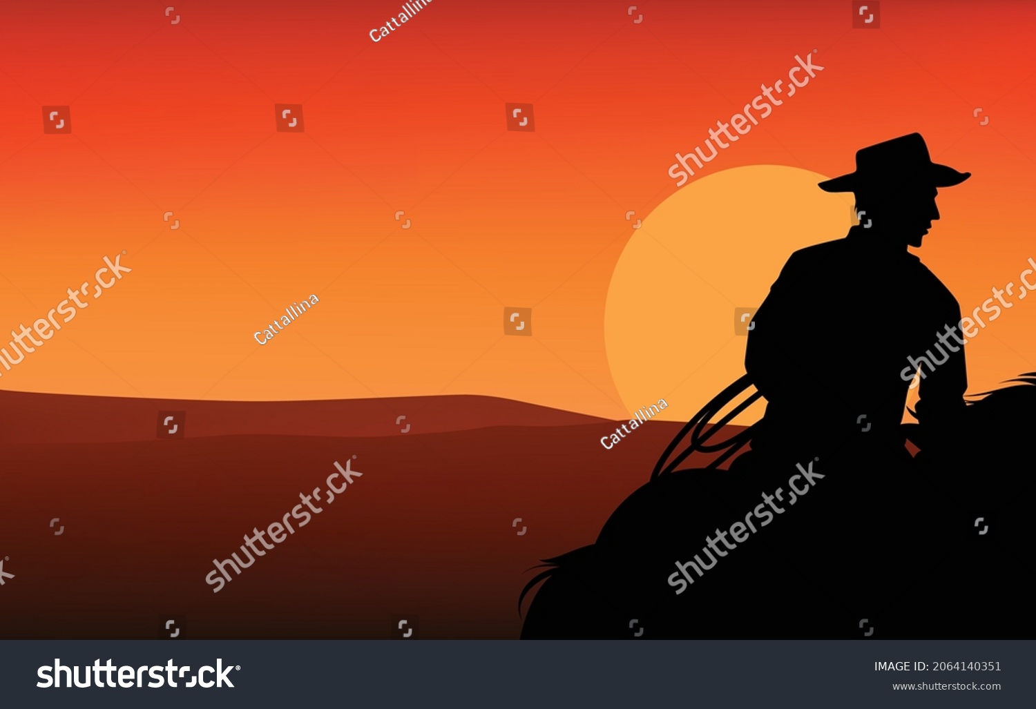 SVG of horseback cowboy with lasso against dramatic sunset sky - wild west ranger riding horse vector silhouette copy space design svg