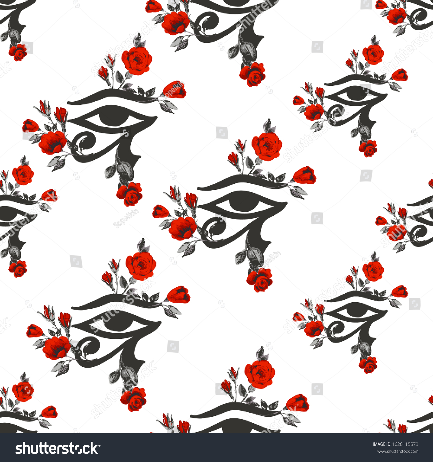 recommend clip art: Horus eye red roses seamless. Egypt symbol line pattern design. Linear black sketch on white background. Africa hand drawn vector illustration.