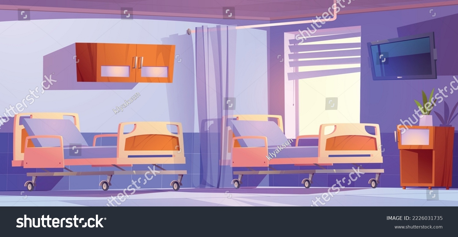 SVG of Hospital chamber with modern medical beds separated with curtains. Room with couches on wheels, clinic with comfortable sleeping place for patients and therapeutic treatment, vector illustration svg